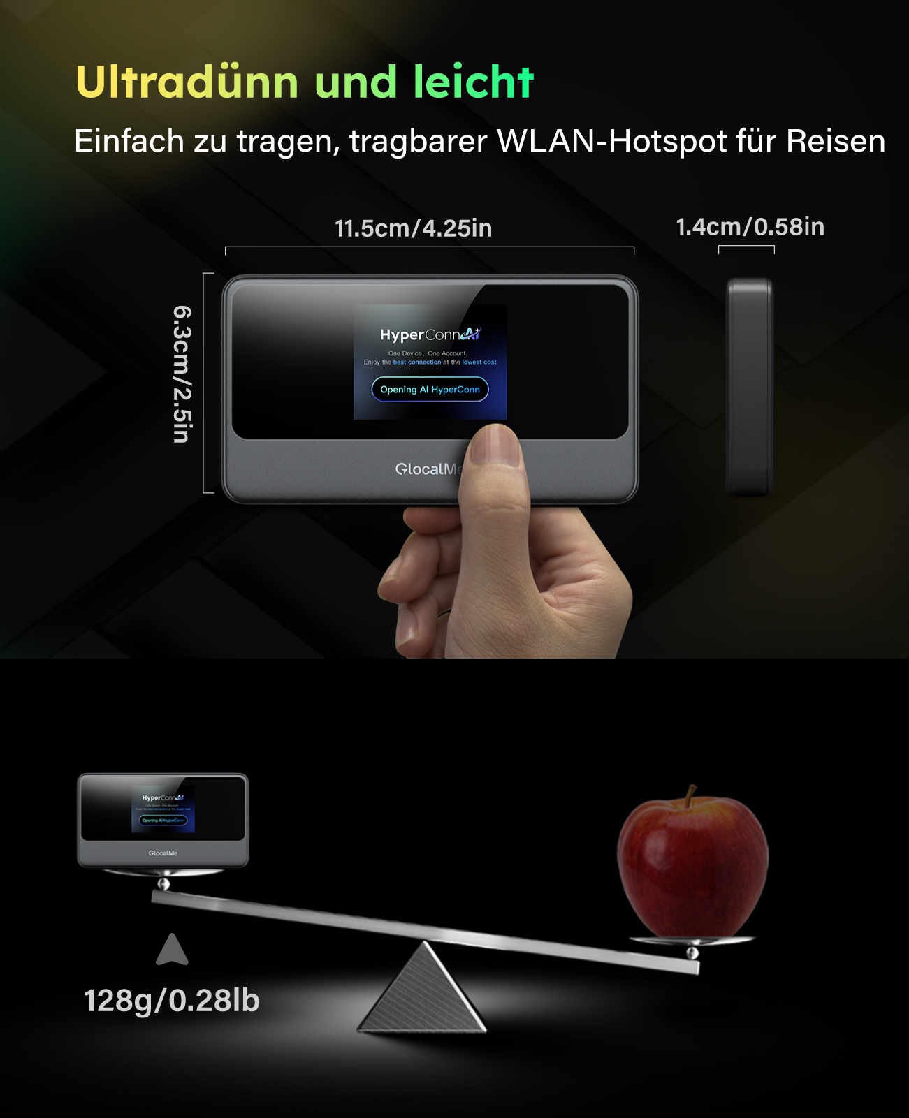 Ein grauer mobiler WLAN-Hotspot wird gehalten. Daneben ein roter Apfel auf einer Waage.