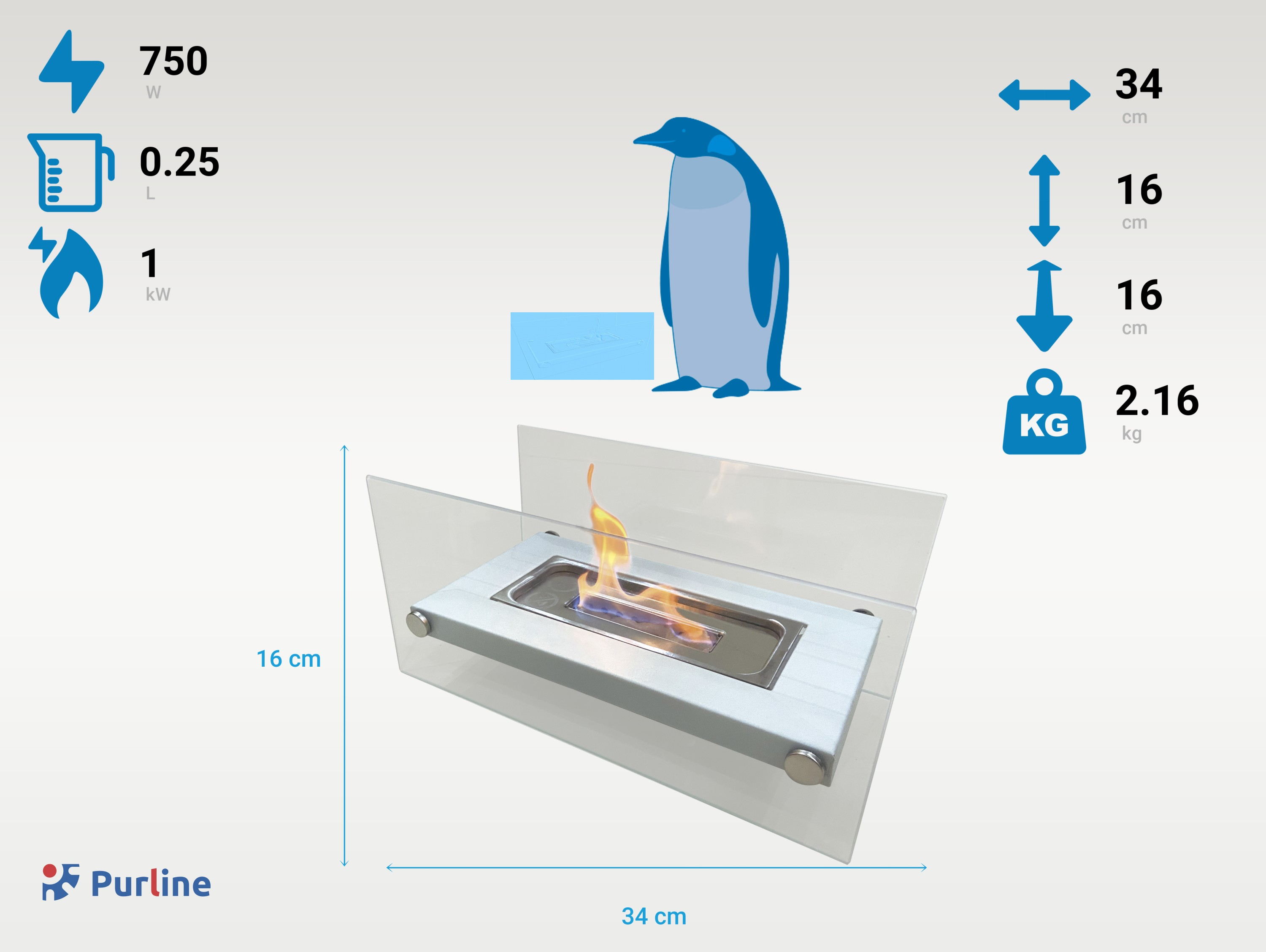 Una chimenea de bioetanol con dimensiones 34x16x16cm. Incluye datos técnicos.