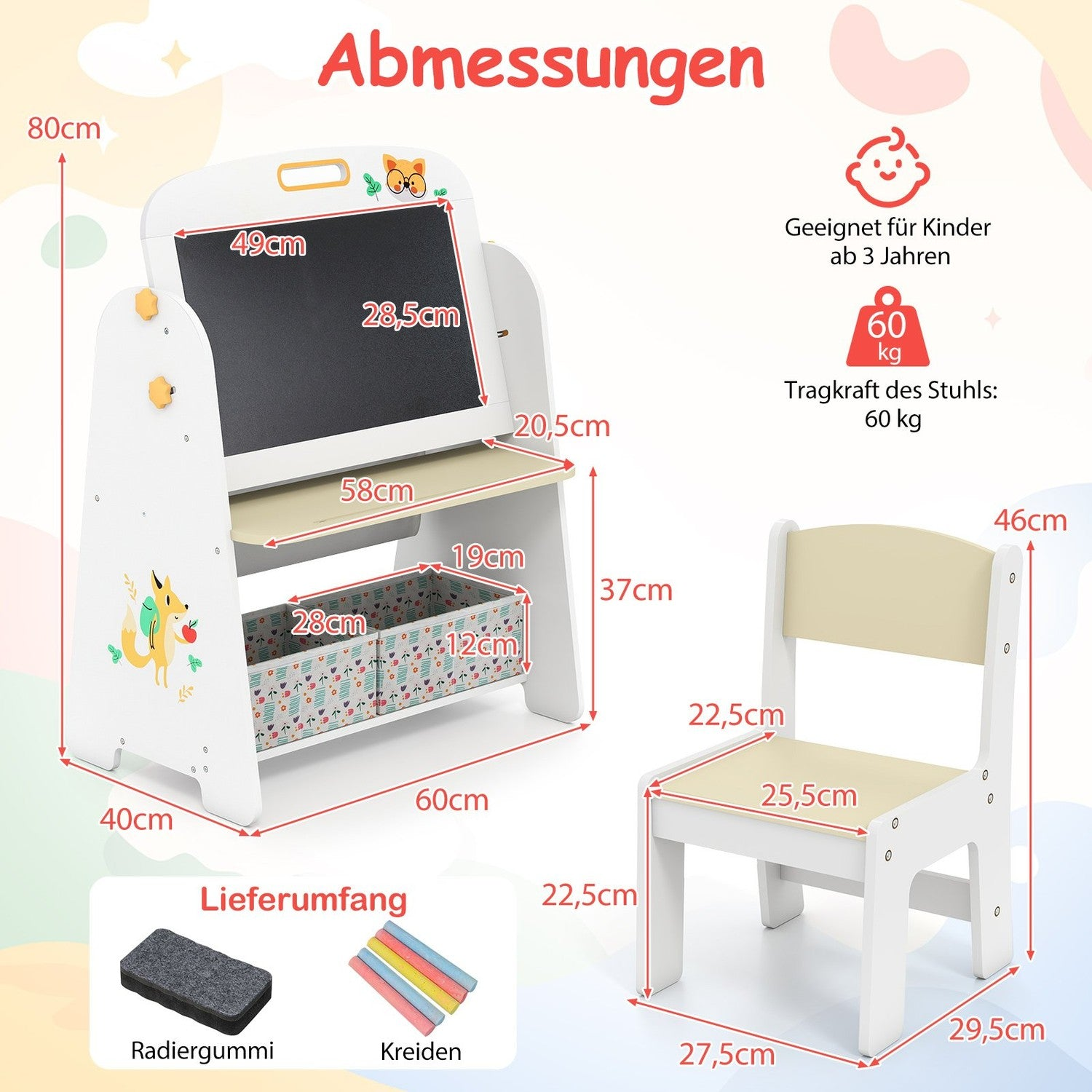 Caballete infantil con silla, dimensiones y accesorios mostrados. Apto para mayores de 3 años.