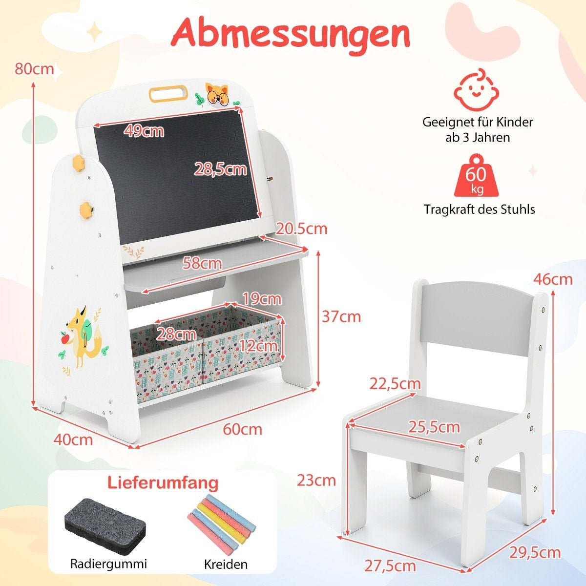 Caballete infantil con silla, medidas y accesorios. Apto para mayores de 3 años, 60kg.