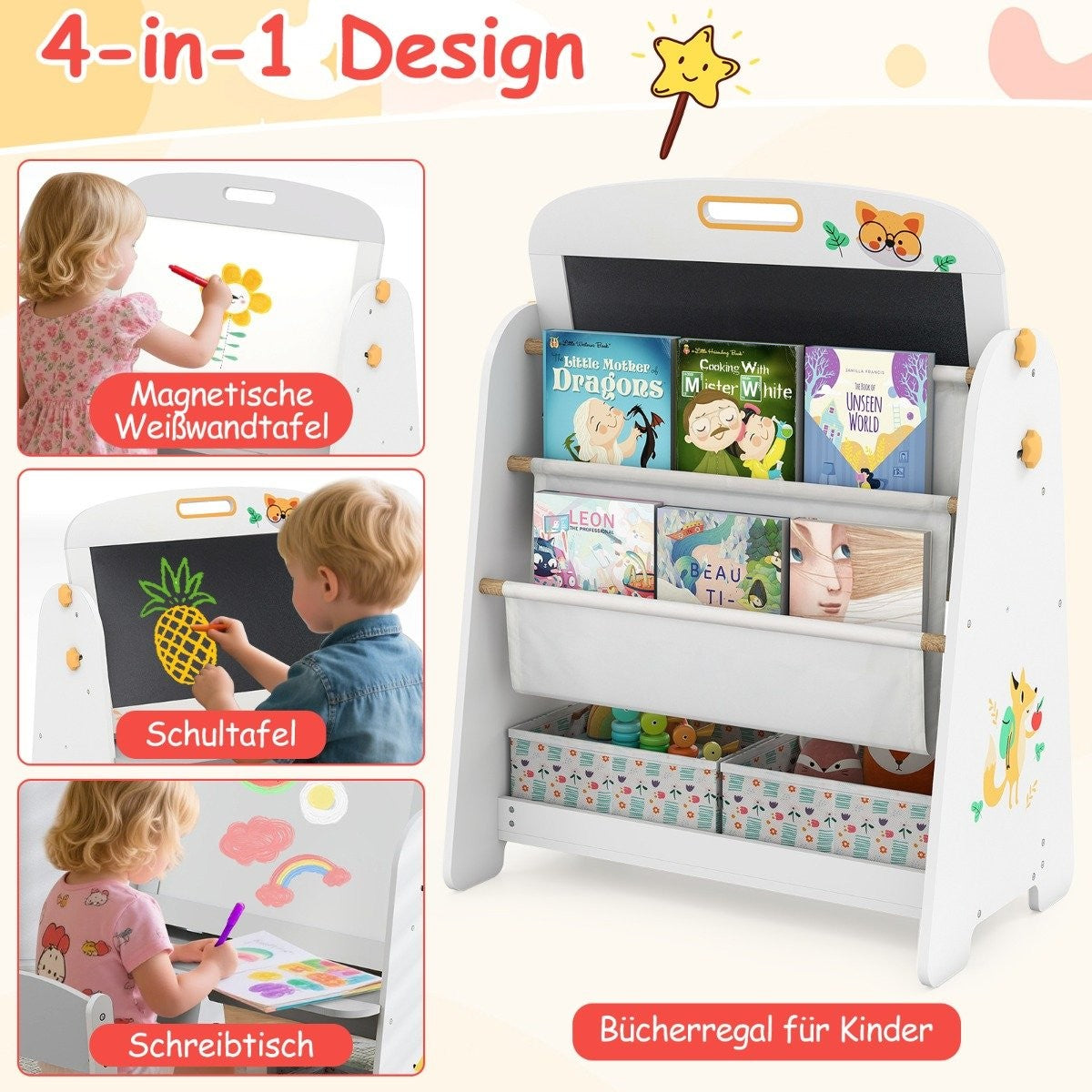 Estantería infantil con diseño 4 en 1: pizarra, escritorio.