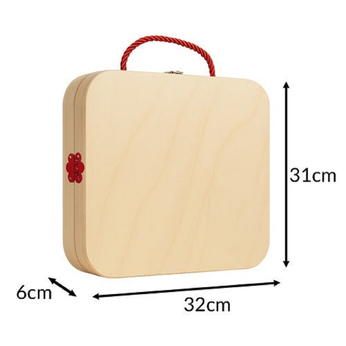 Estuche de madera con asa de cuerda roja, 32x31x6cm.