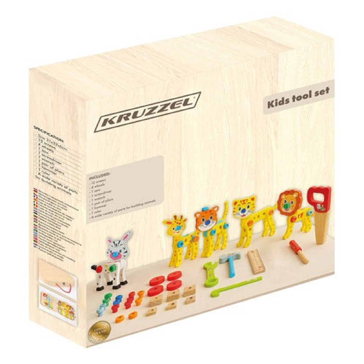 Caja de herramientas Kruzzel para niños con piezas de animales de madera y herramientas.