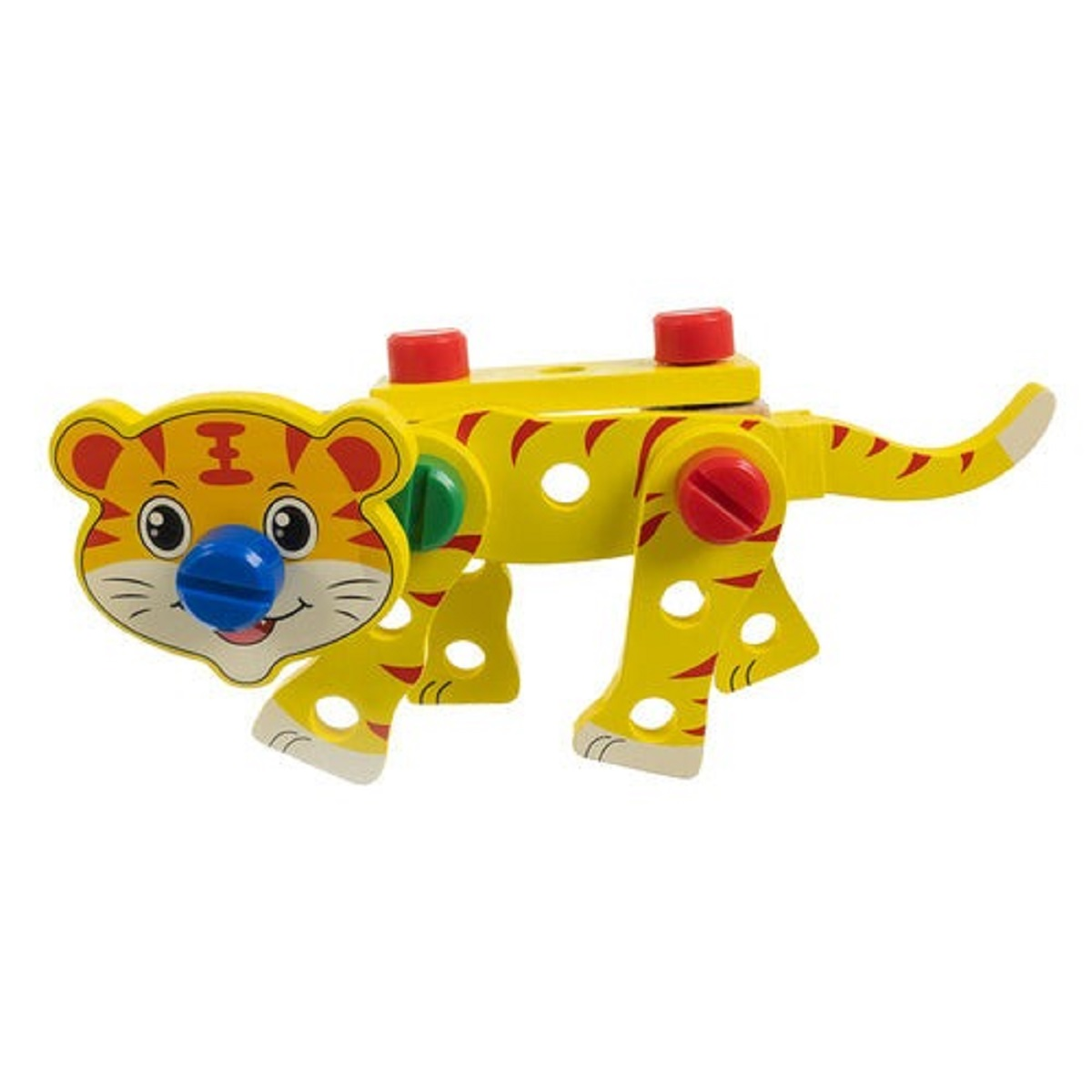 Un juguete de madera amarillo con forma de tigre, rayas rojas y tornillos azules.