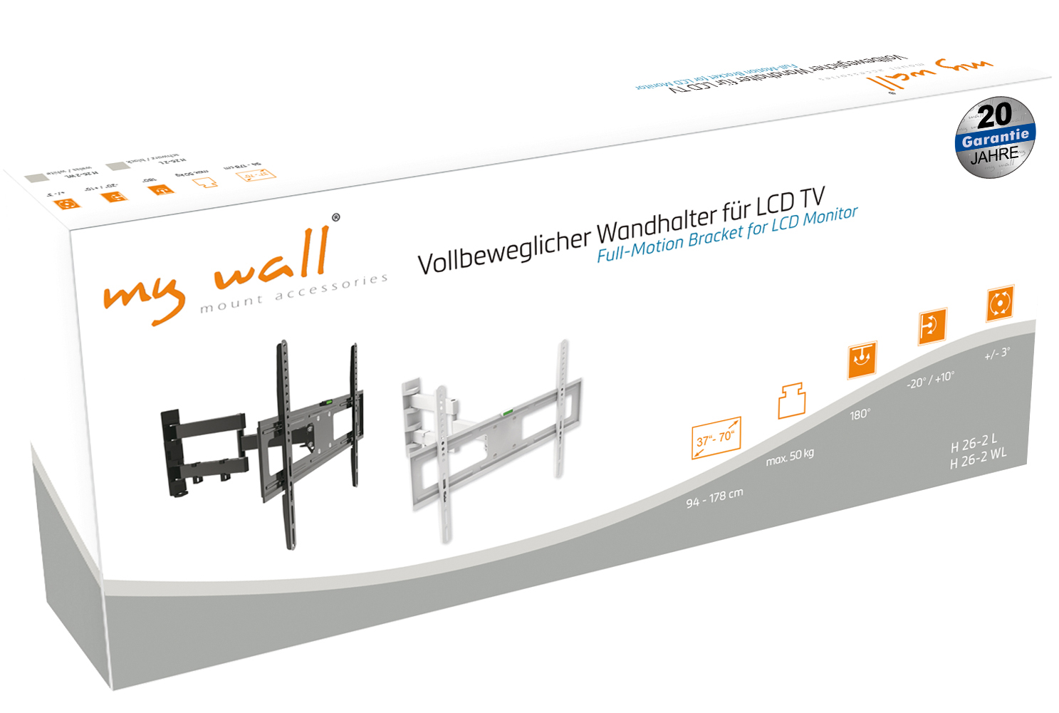 Verpackung eines schwenkbaren Wandhalters für LCD-TVs mit Maßen und Funktionen.