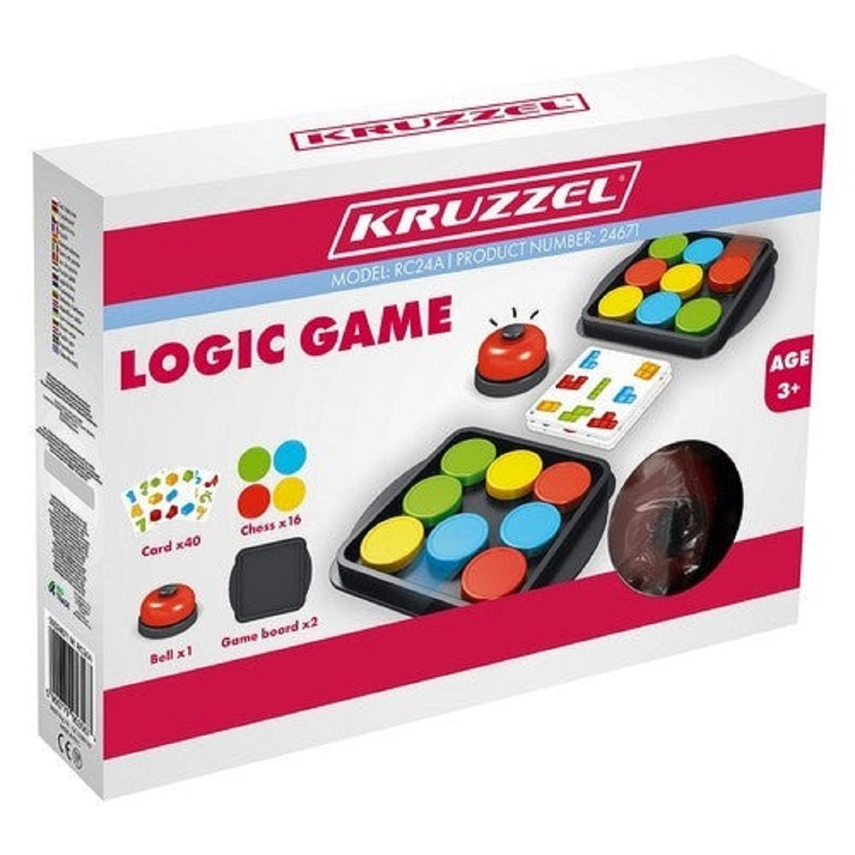 Embalaje del Juego de Lógica Krussel con piezas, cartas y campana.