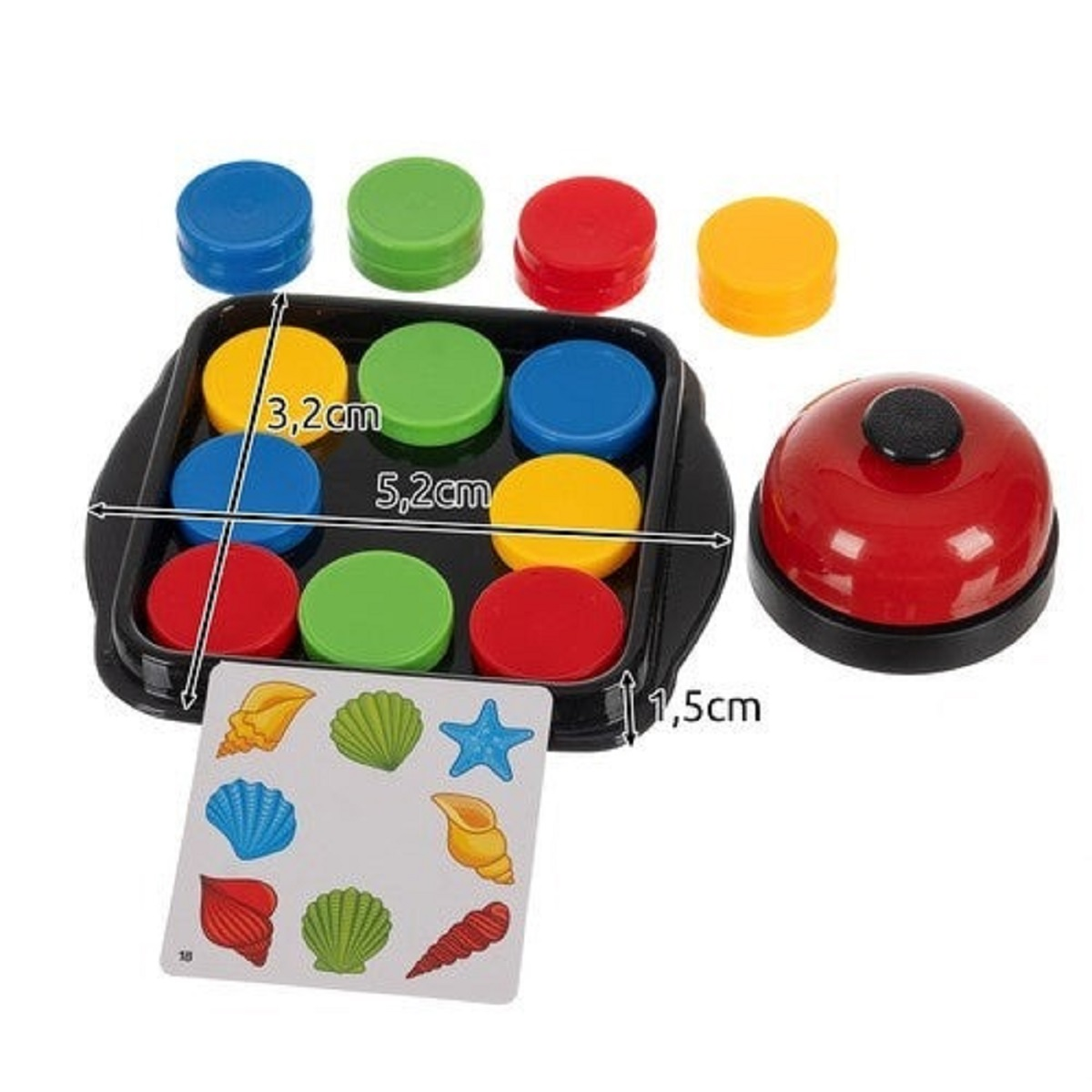 Campana de escritorio roja con fichas de juego coloridas y tarjetas de conchas.