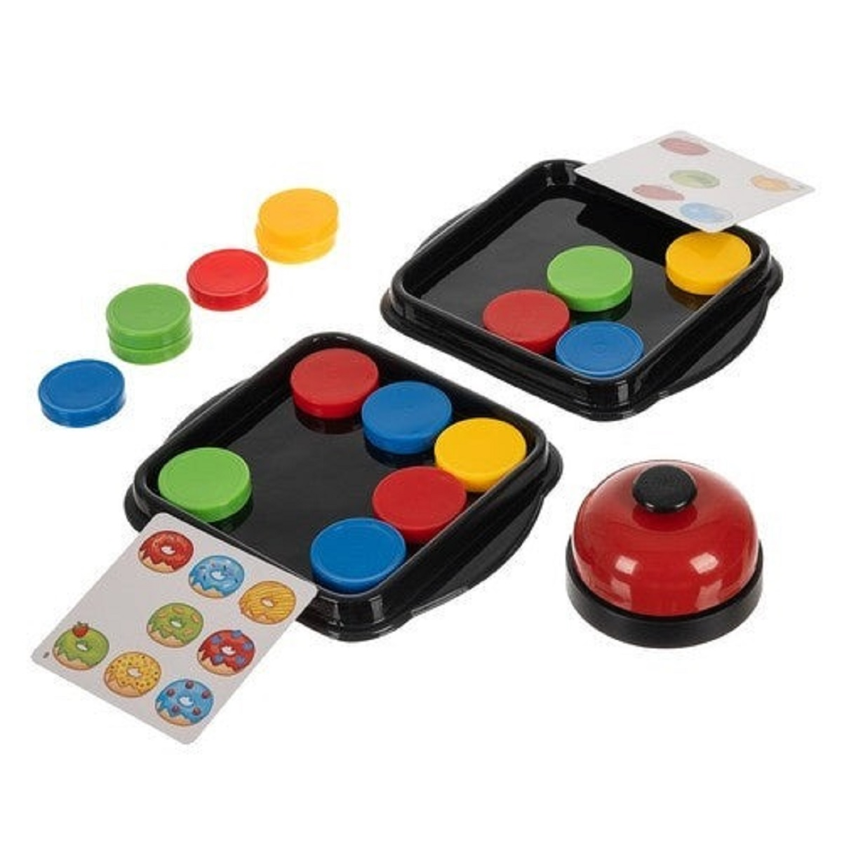 Un juego con discos coloridos, tarjetas y una campana.