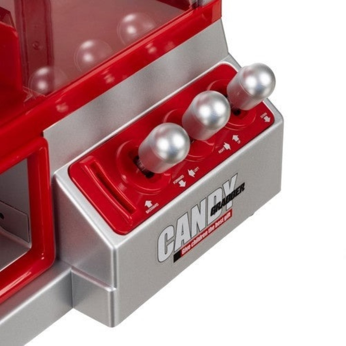Un juguete rojo con joysticks plateados y bolas coloridas dentro.