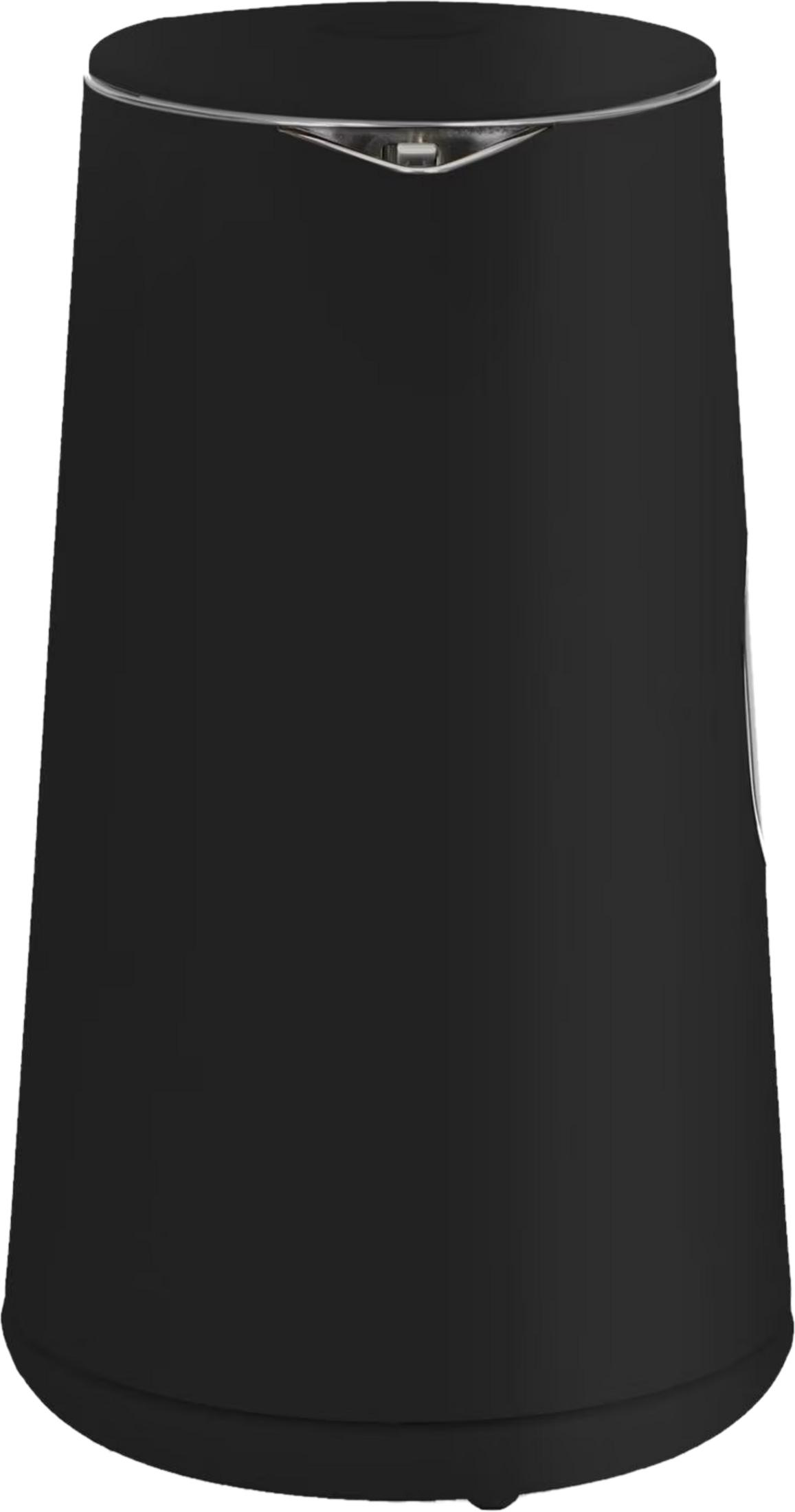 Eine schwarze, konische Wasserkocher mit silbernem Rand und Griff.