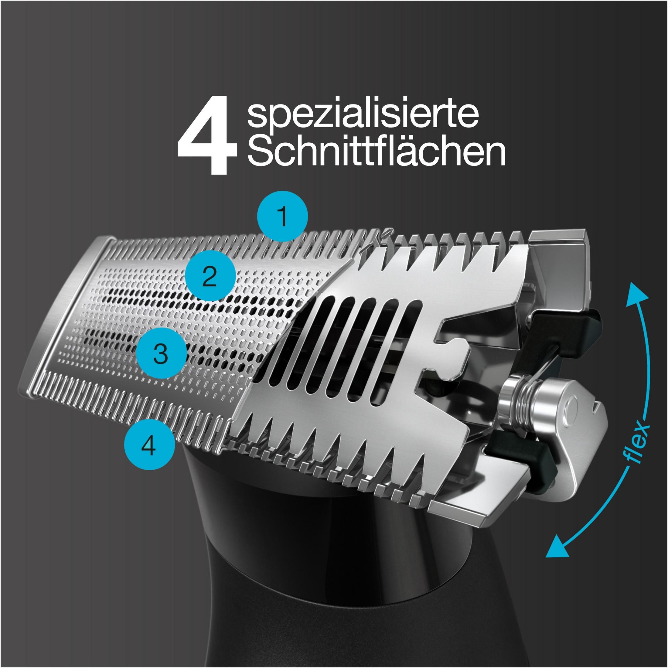 Primer plano de un cabezal de afeitado flexible con cuatro superficies de corte numeradas.