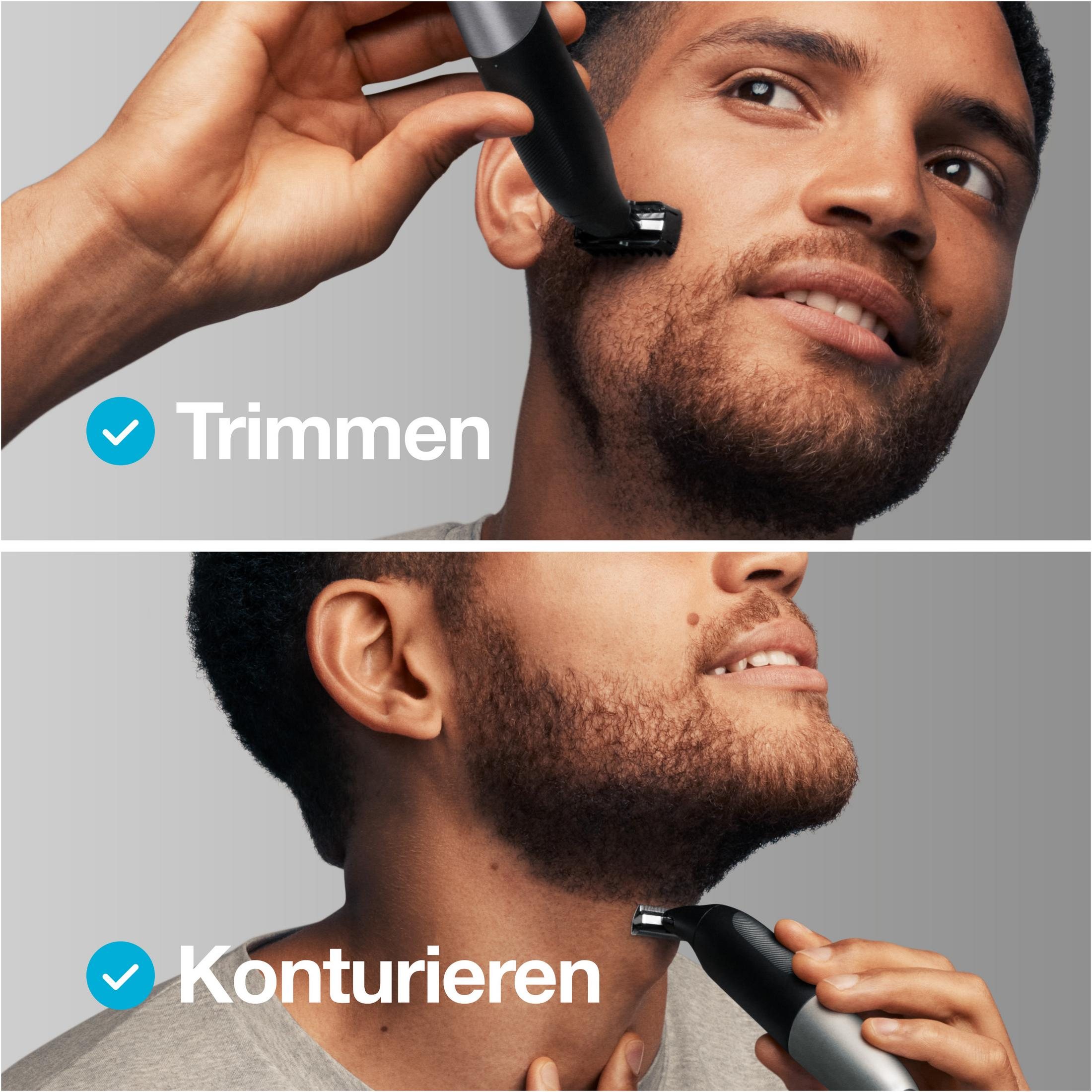 Hombre recorta y contornea su barba con una recortadora.
