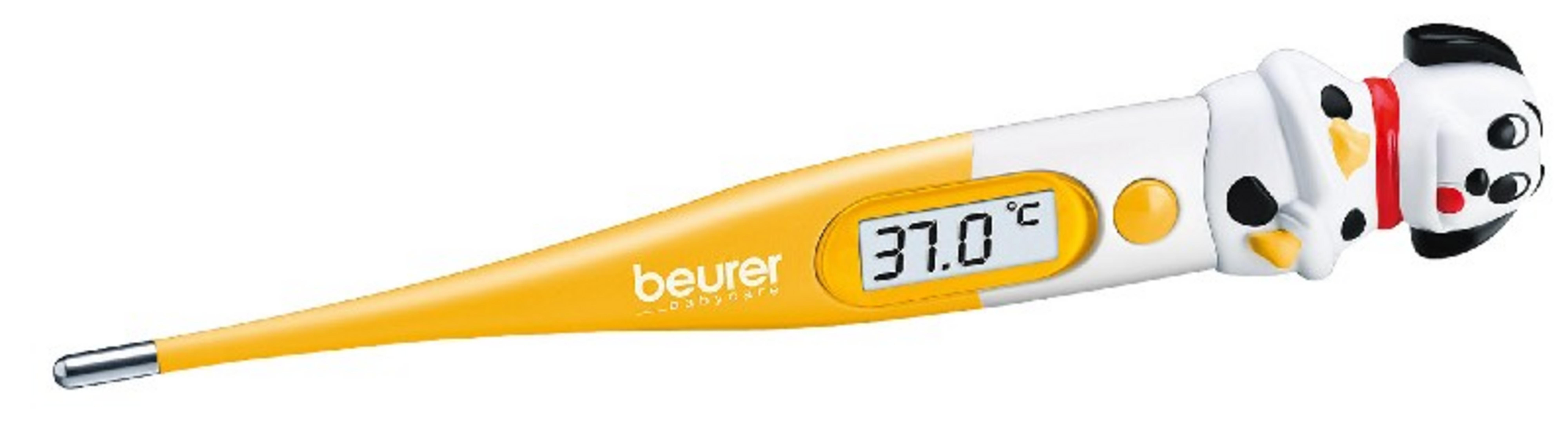 Ein gelber Thermometer mit einem digitalen Display, das 37,0°C anzeigt, verziert mit einem Hundekopf.