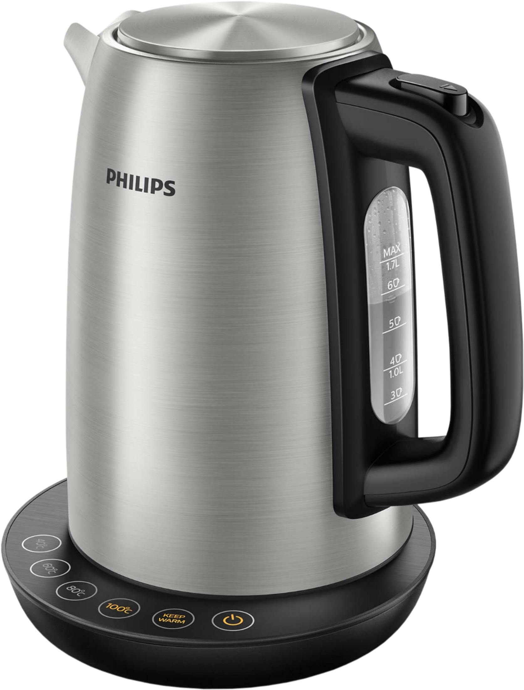 Eine silberne Philips Wasserkocher mit schwarzem Griff und digitaler Temperaturanzeige.