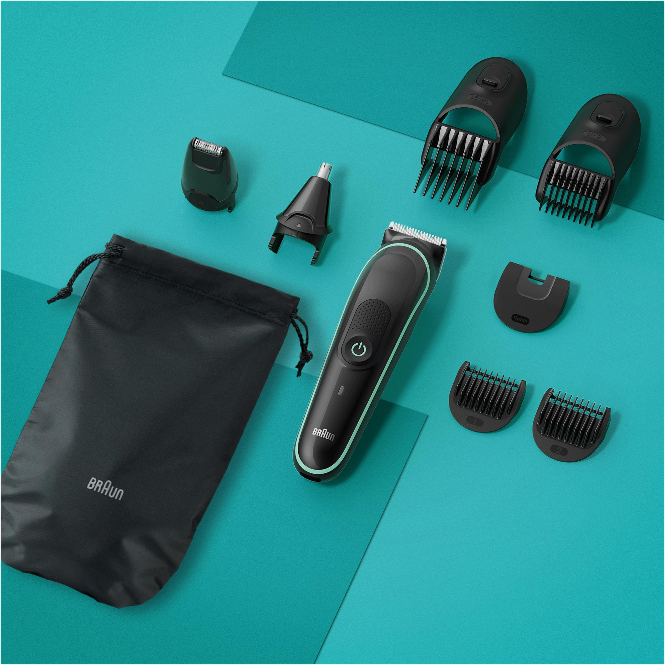Ein Braun Trimmer-Set mit verschiedenen Aufsätzen, Ladegerät und Tasche.