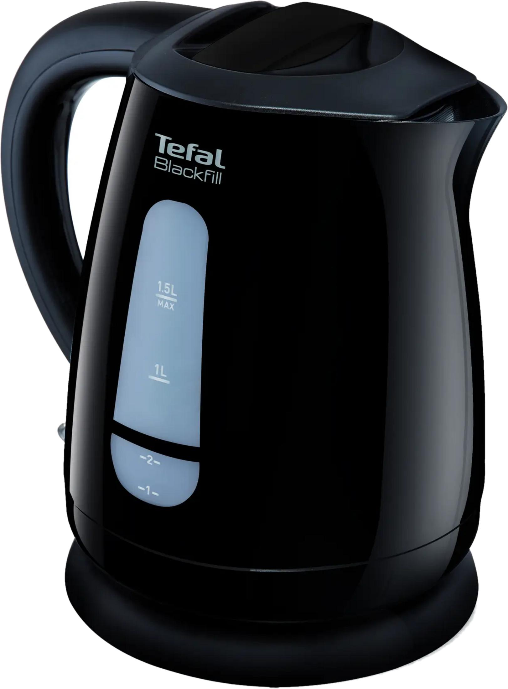 Schwarzer Tefal Wasserkocher mit transparentem Füllstandsanzeiger und Griff.