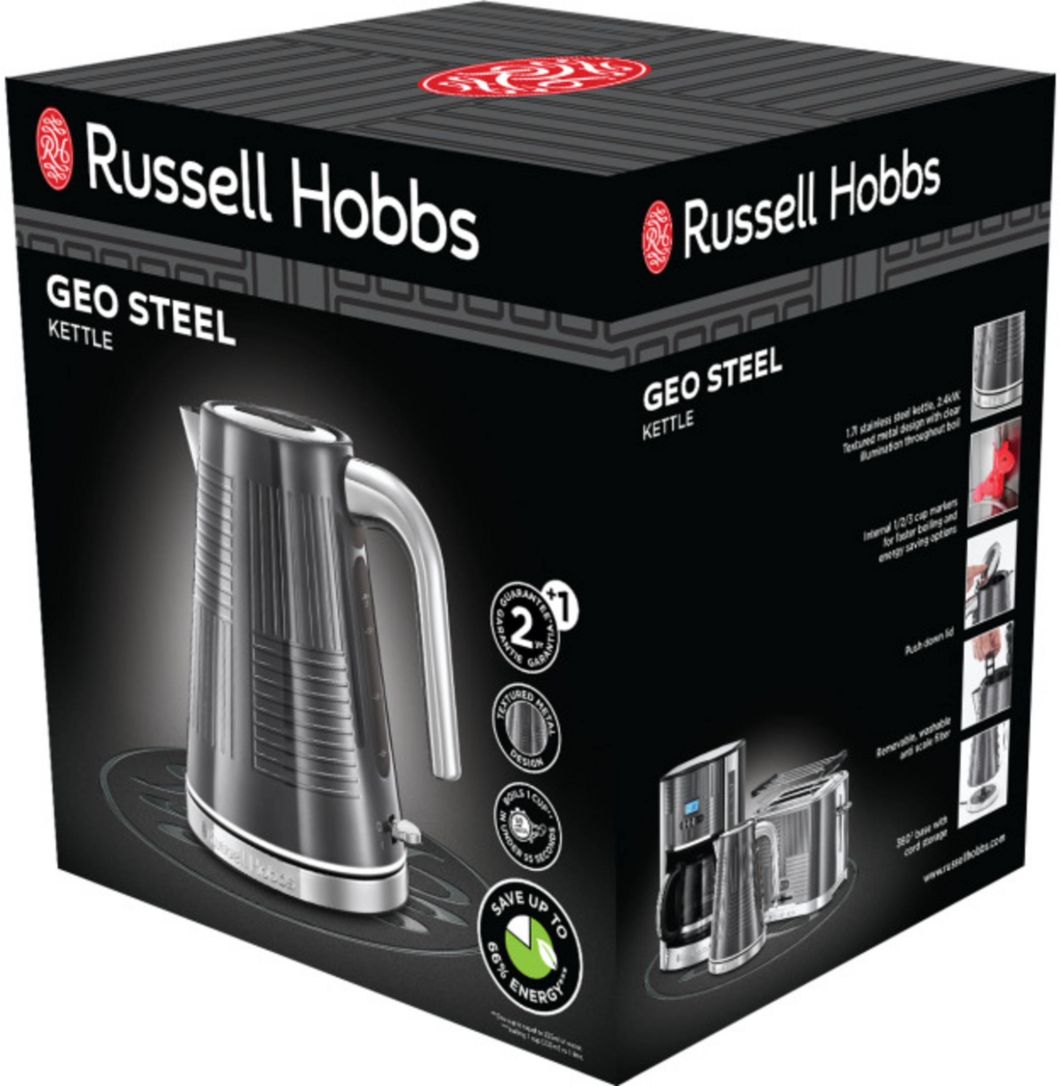 Opakowanie czajnika Russell Hobbs Geo Steel z teksturowanym metalowym wzorem.