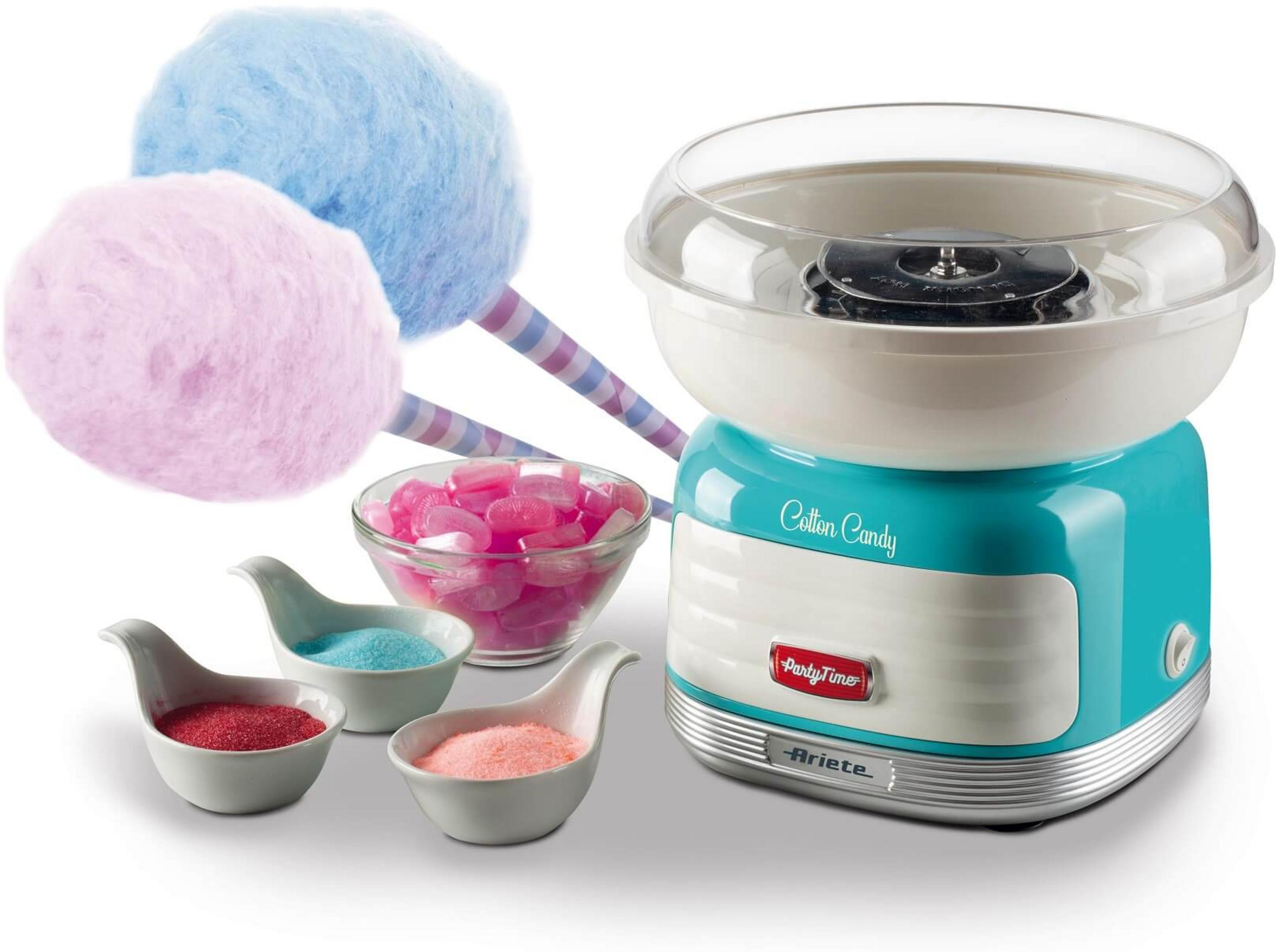 Türkis-weiße Zuckerwatte-Maschine mit rosa, blauen und roten Zuckerstreuseln.