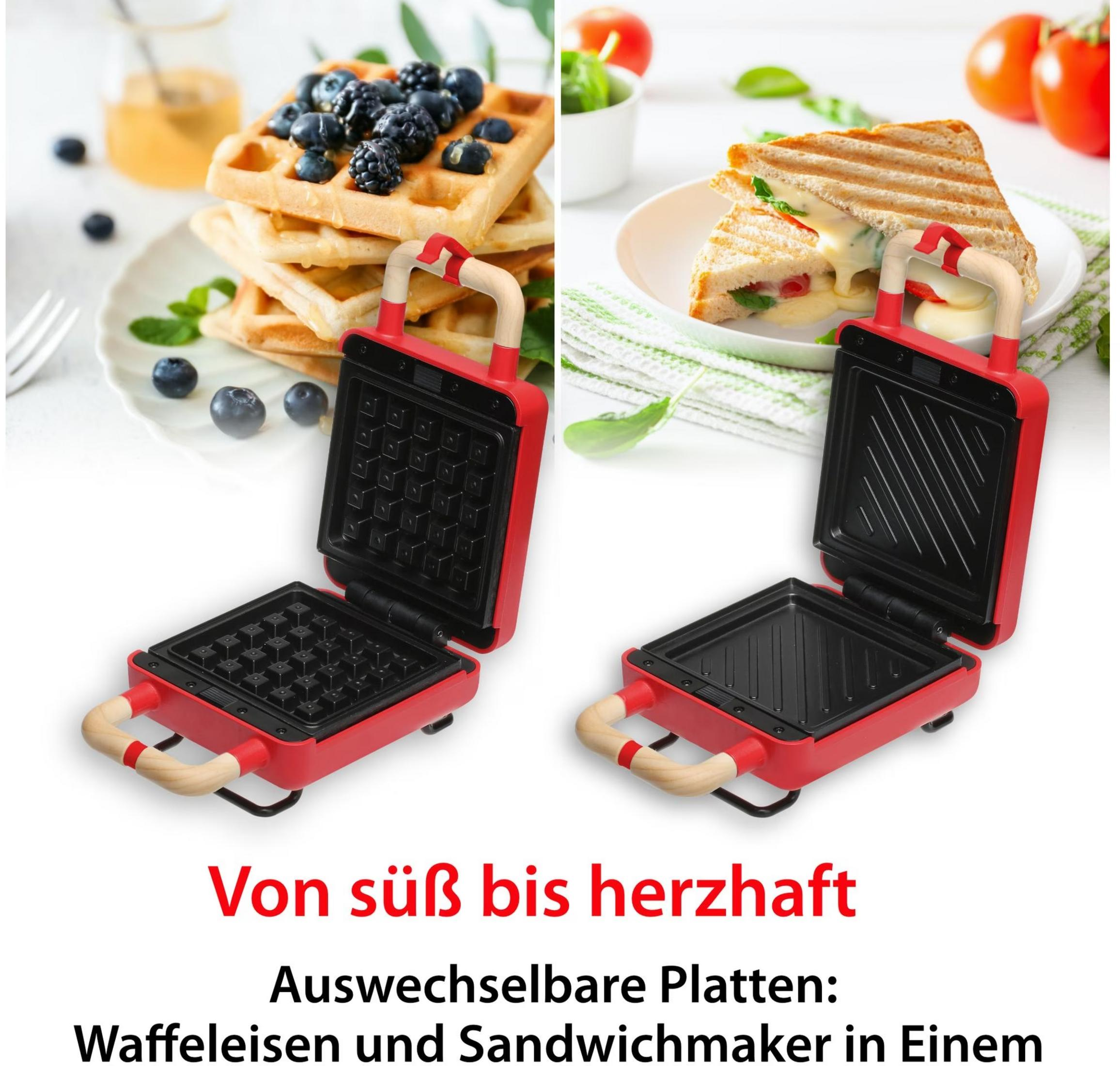 Czerwony opiekacz do gofrów i kanapek z drewnianymi uchwytami. Po lewej gofry z jagodami, po prawej kanapka.
