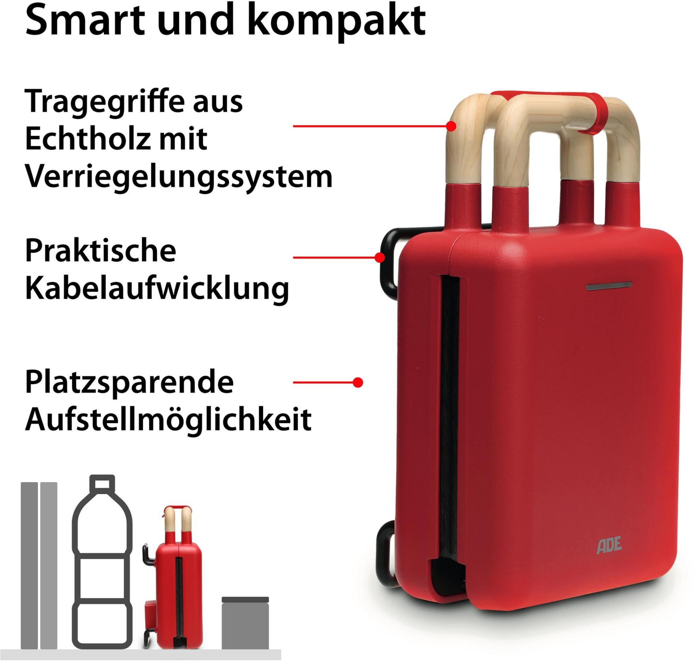 Czerwony kompaktowy grill z drewnianymi uchwytami.