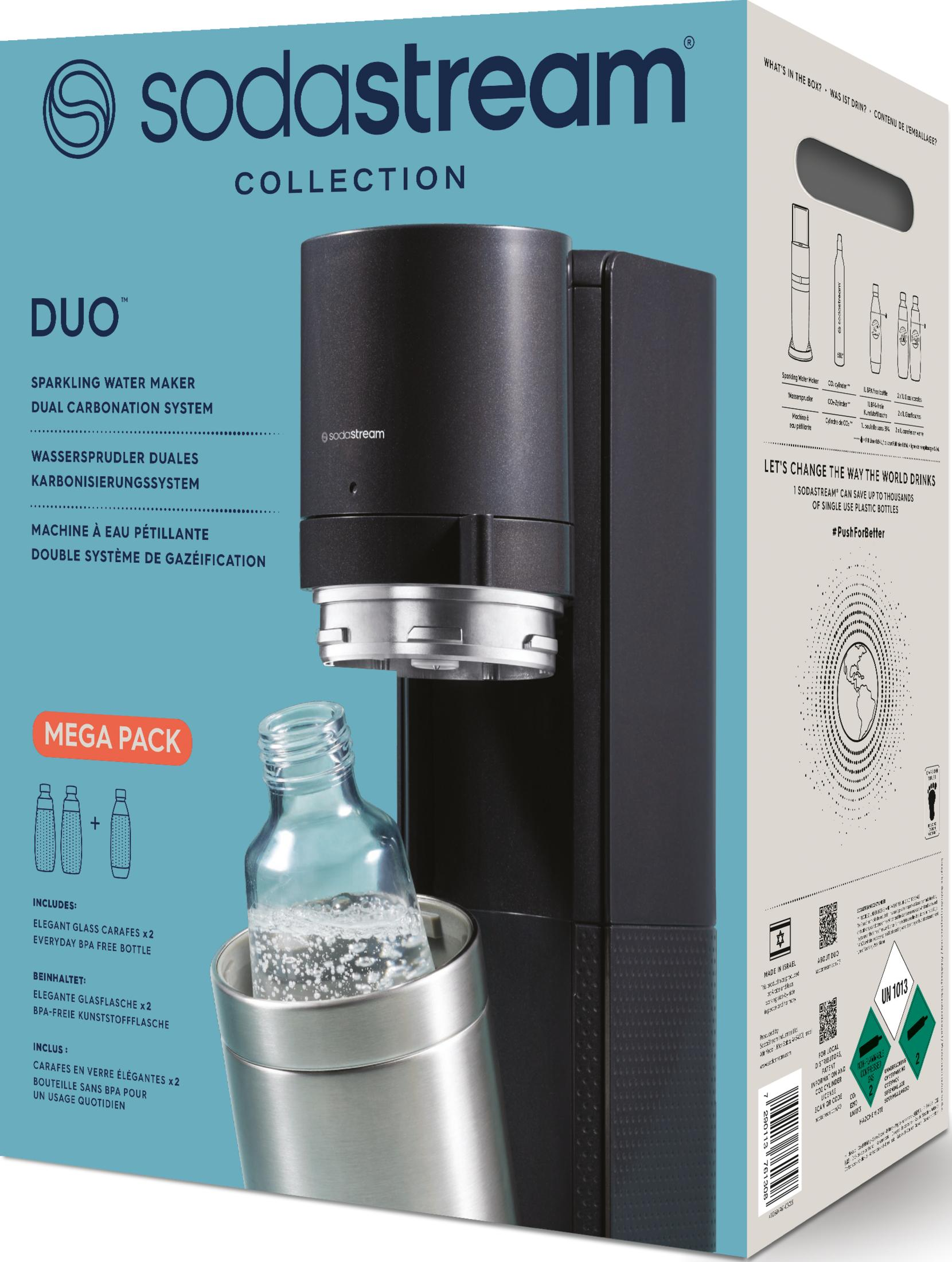 Mega Pack SodaStream Duo con macchina nera, caraffe di vetro e bottiglia senza BPA.