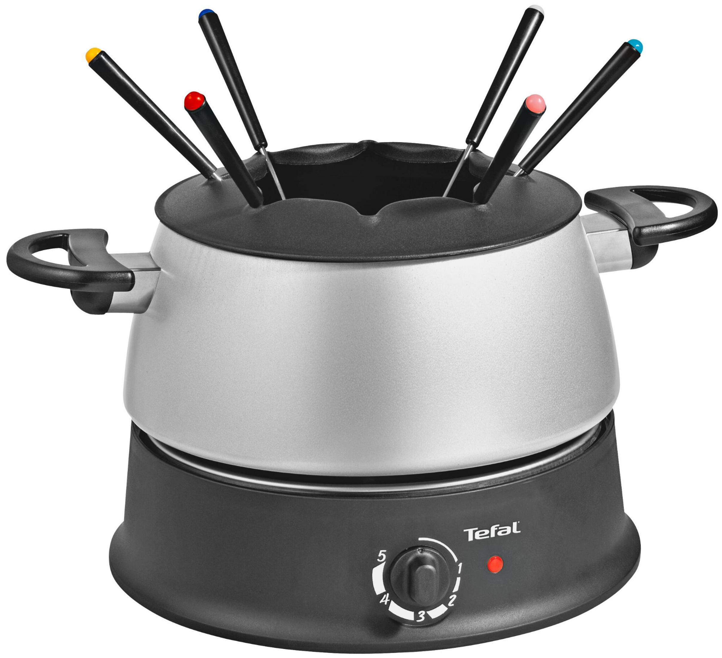 Srebrny garnek do fondue z czarną podstawą i kilkoma kolorowymi widelczykami do fondue.