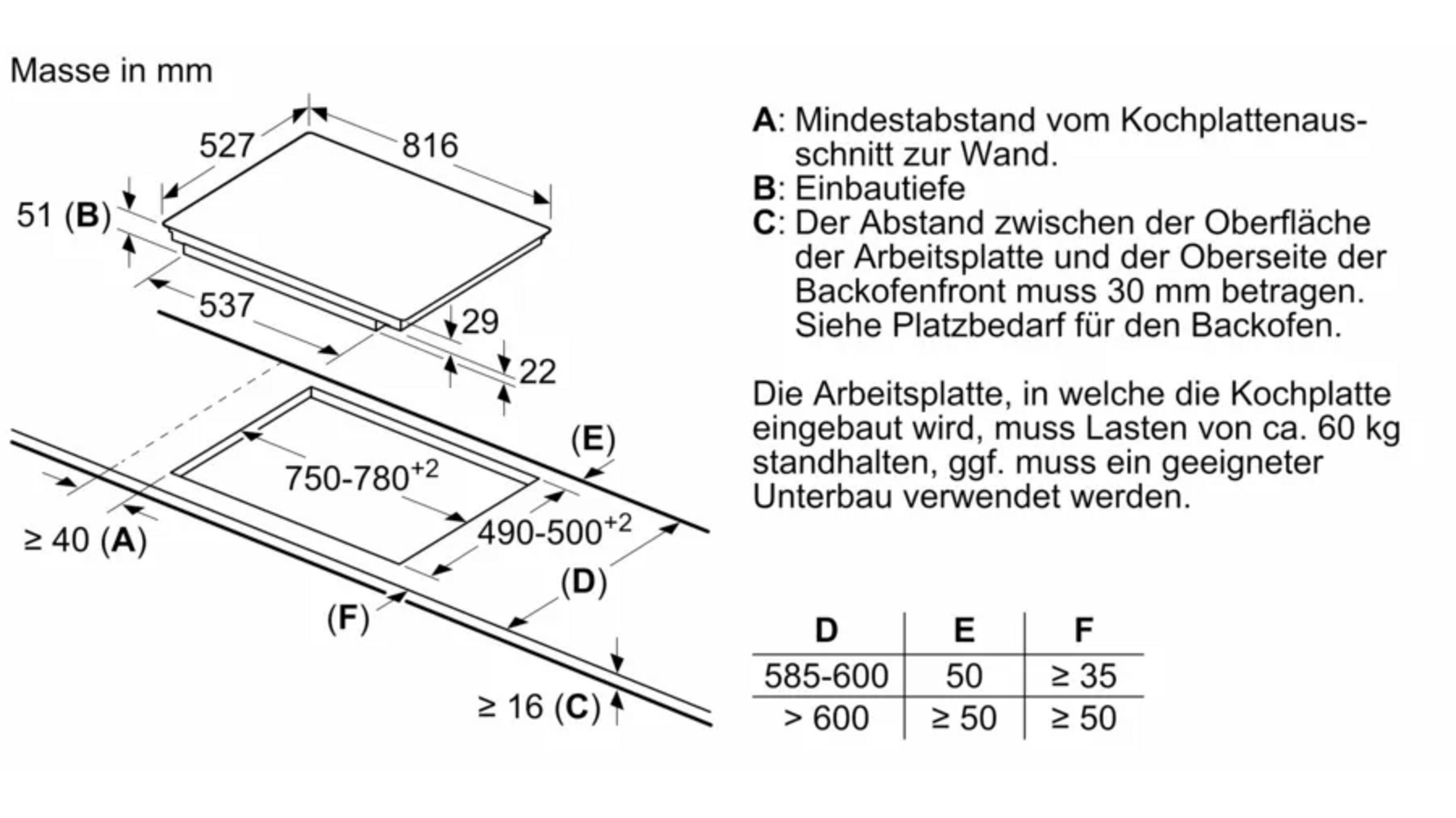 Dessin technique d'une plaque de cuisson avec dimensions en mm et instructions.