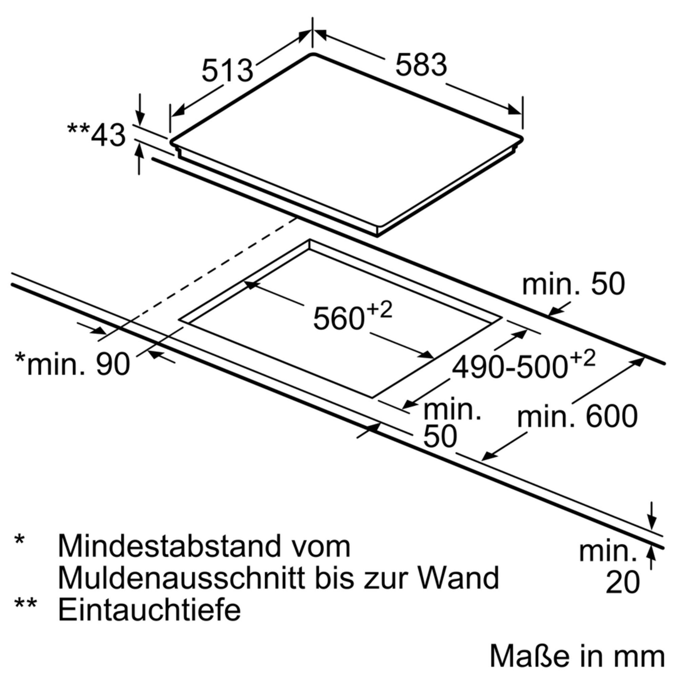 Einbauzeichnung eines Kochfelds mit Maßen in mm. Beachten Sie Mindestabstände.