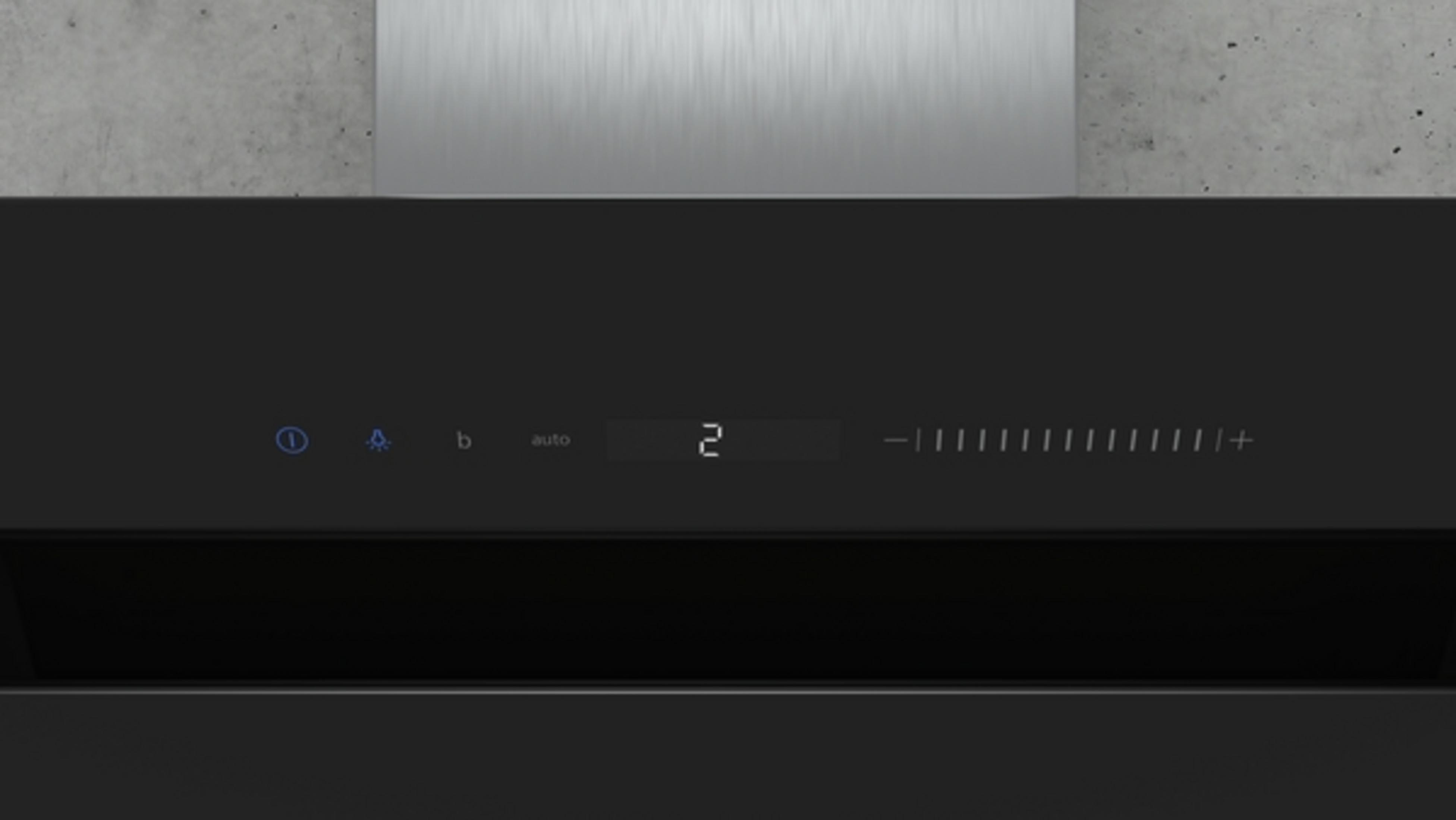 Cappa aspirante con pannello touch e display digitale. Calcestruzzo grigio.