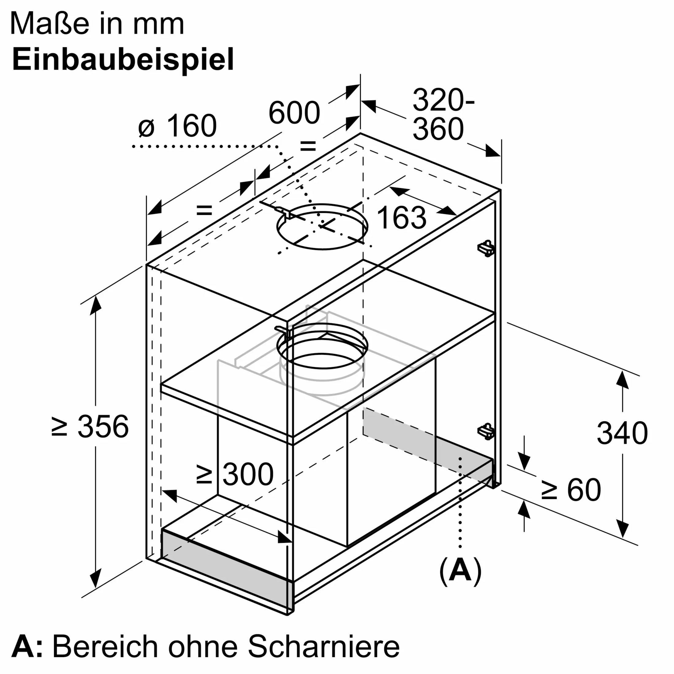 Einbauzeichnung mit Maßen in mm für ein Gerät. Zeigt Ausschnitte und Abmessungen.