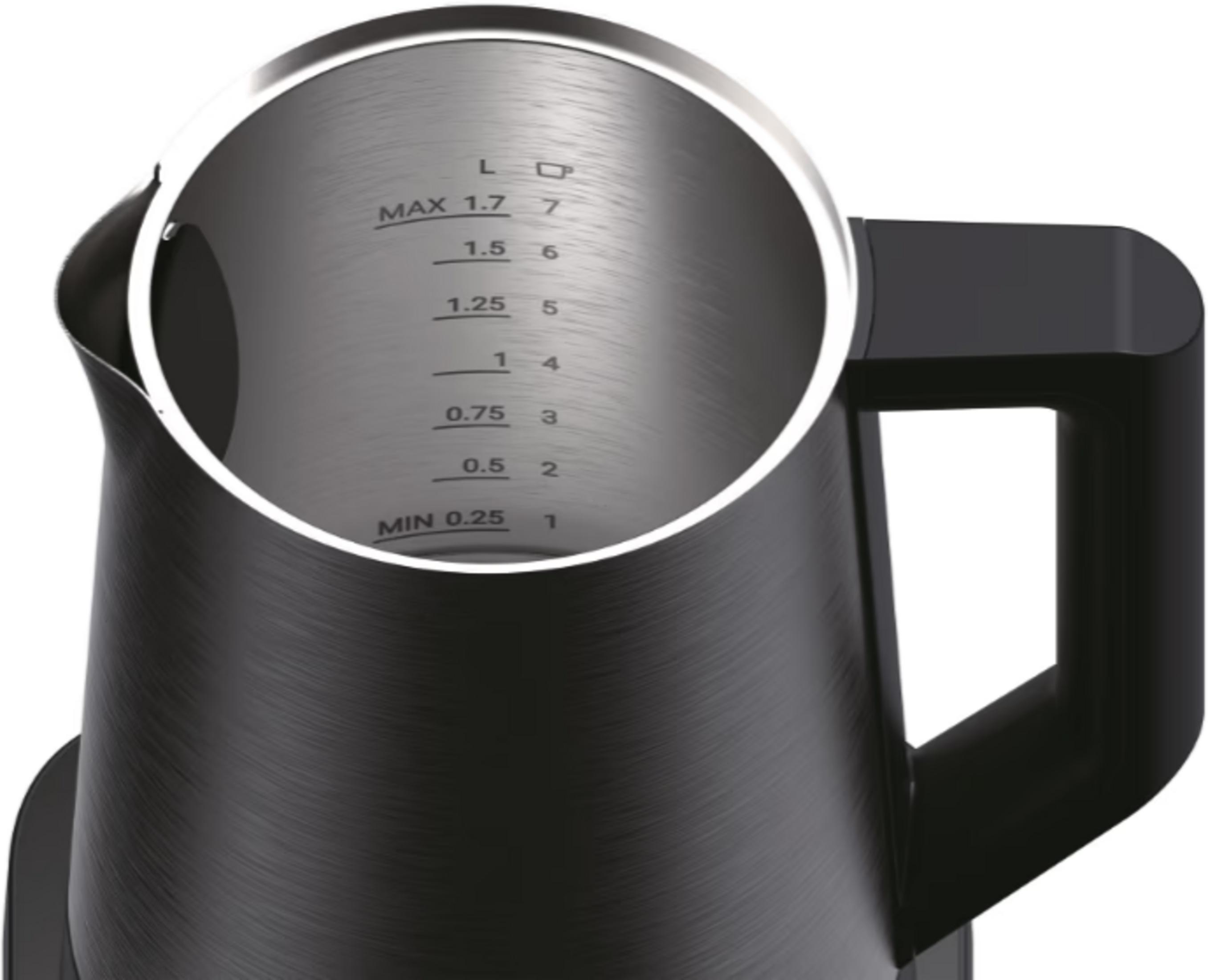 Gros plan d'une bouilloire noire avec indicateurs de niveau : MIN 0.25 à MAX 1.7 L.