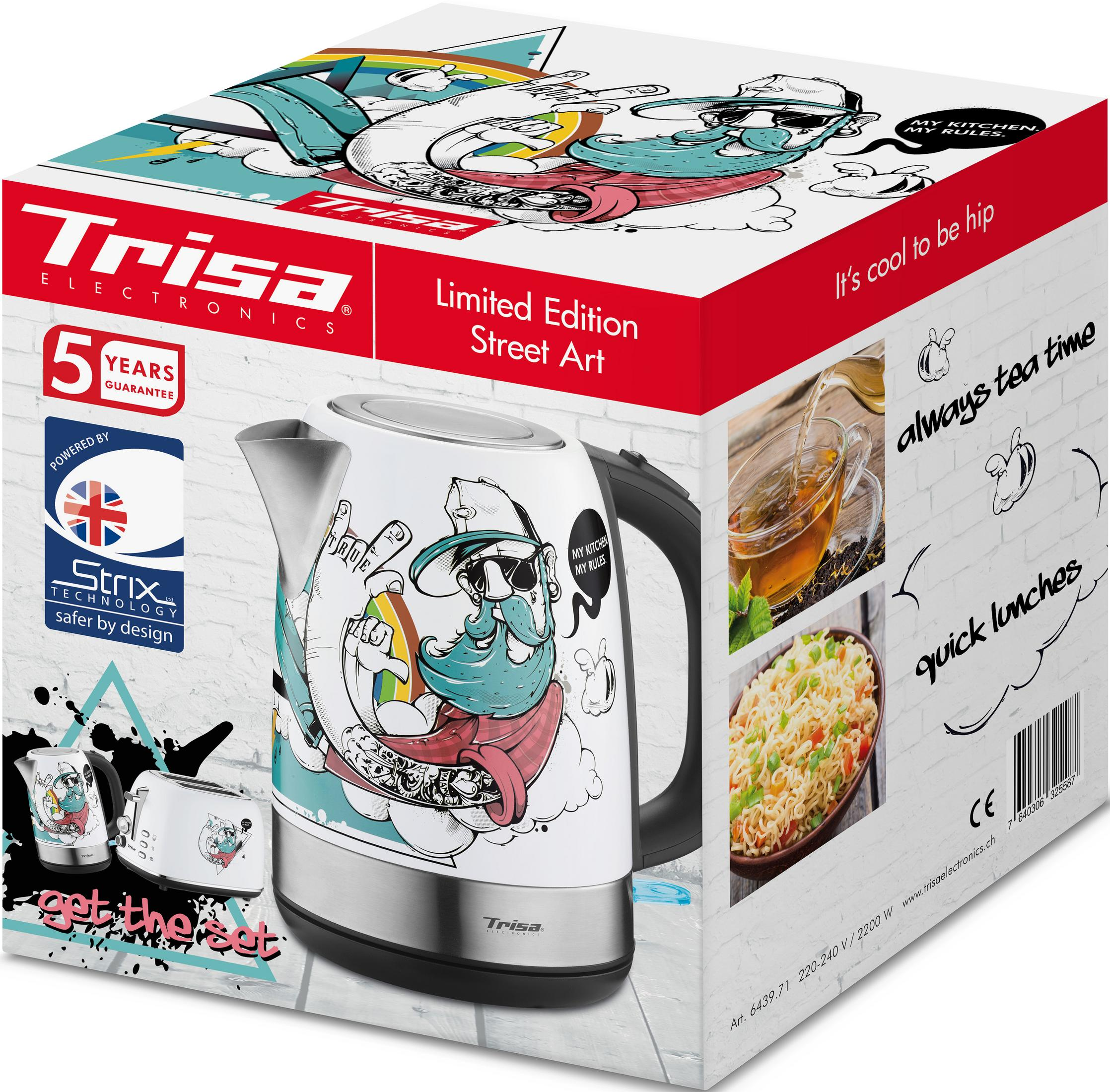 Verpackung eines Wasserkochers mit Street-Art-Design und einem Toaster.