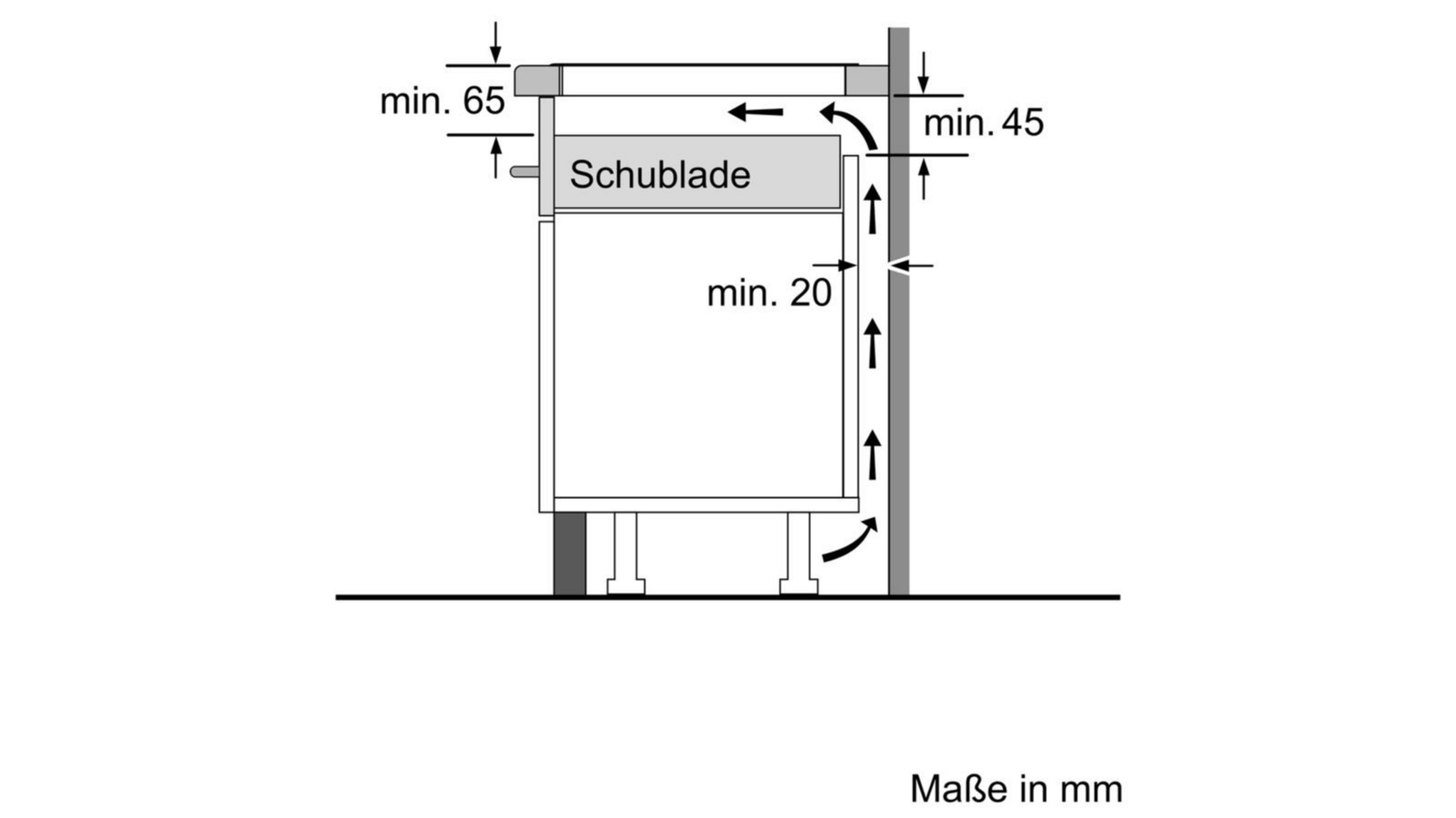 Technische Zeichnung mit Maßen: Schublade min. 65, min. 45, min. 20.