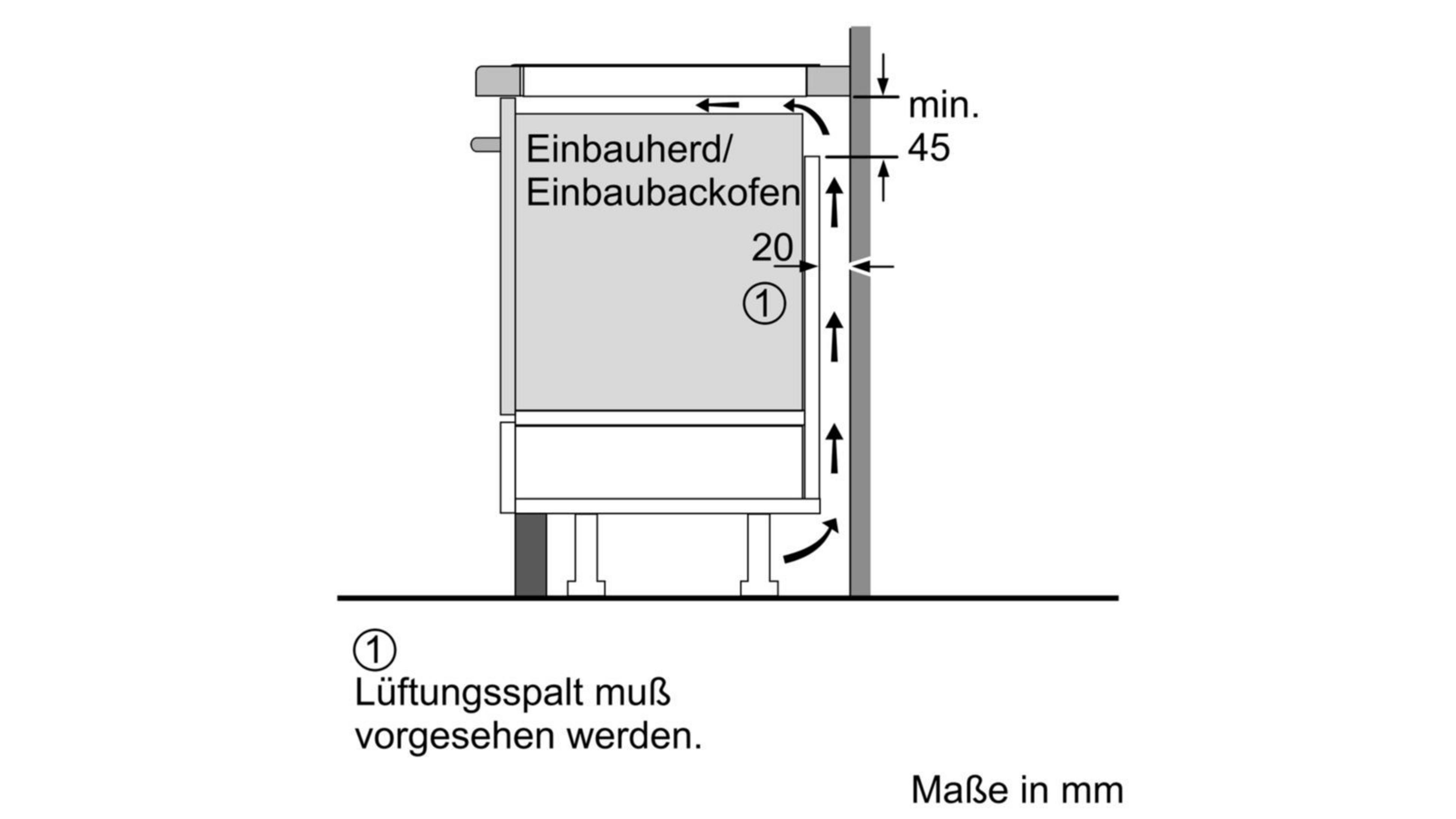 Einbauherd/Einbaubackofen mit Maßen in mm, Lüftungsspalt muss vorgesehen werden.