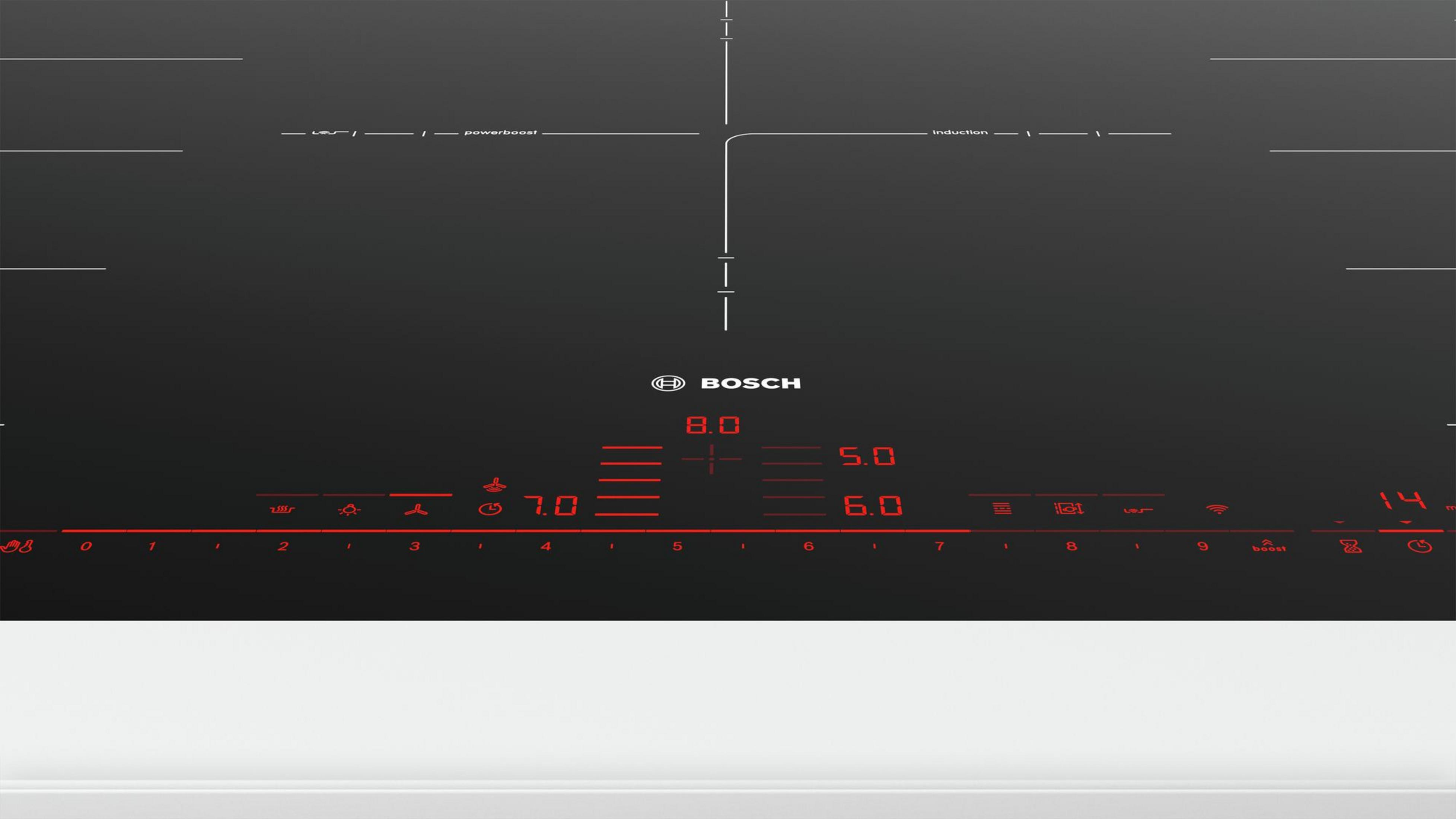 Piano cottura a induzione nero con display digitali rossi e simboli. Logo Bosch.
