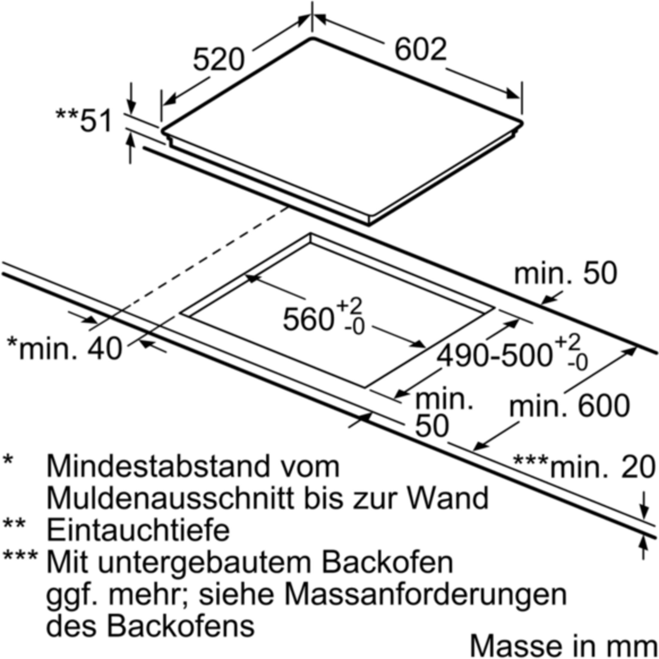 Technische Zeichnung eines Kochfeldes mit Maßen in mm.