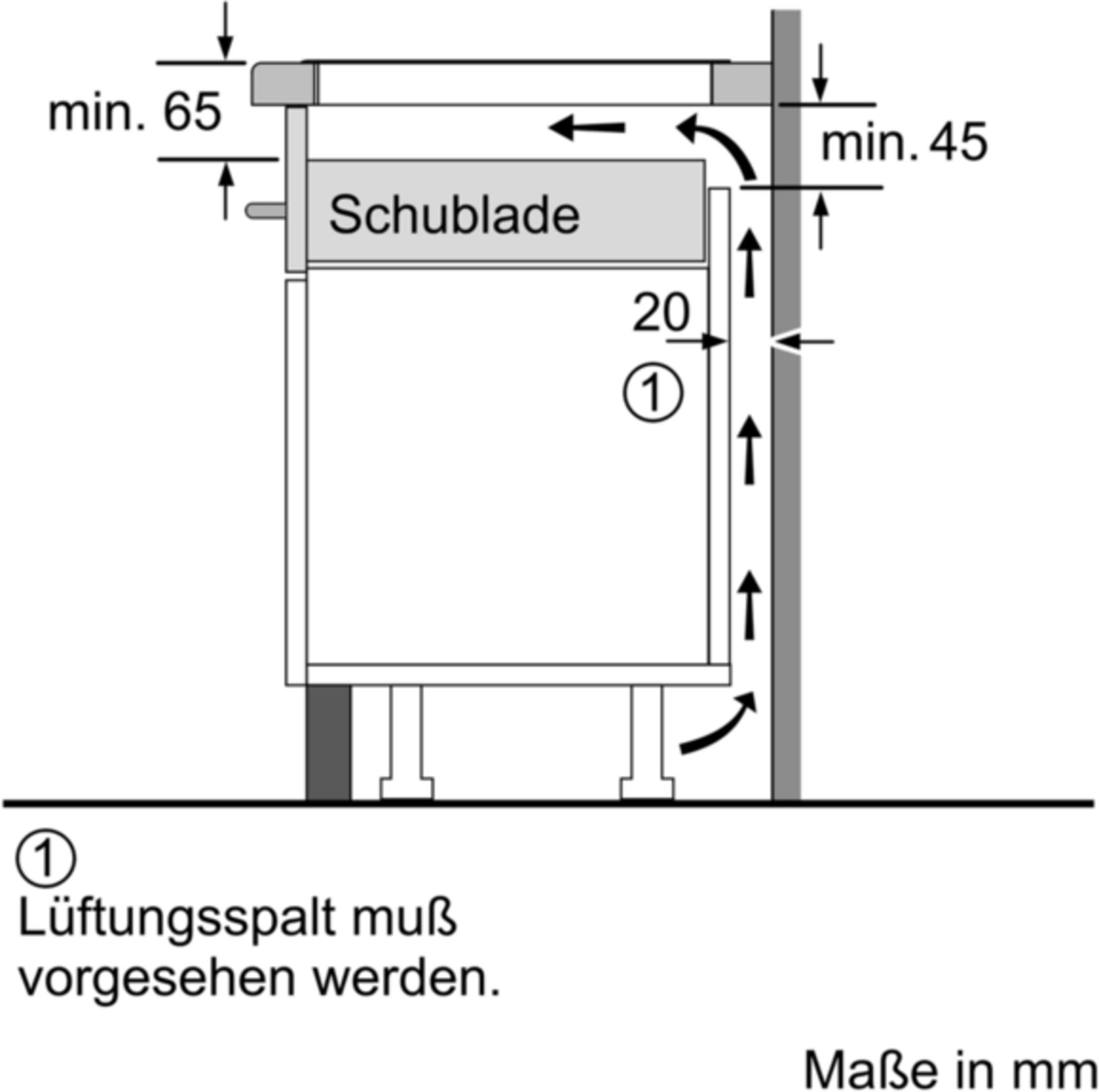 Diagramm zeigt Einbaumaße für Schublade mit Lüftungsspalt.