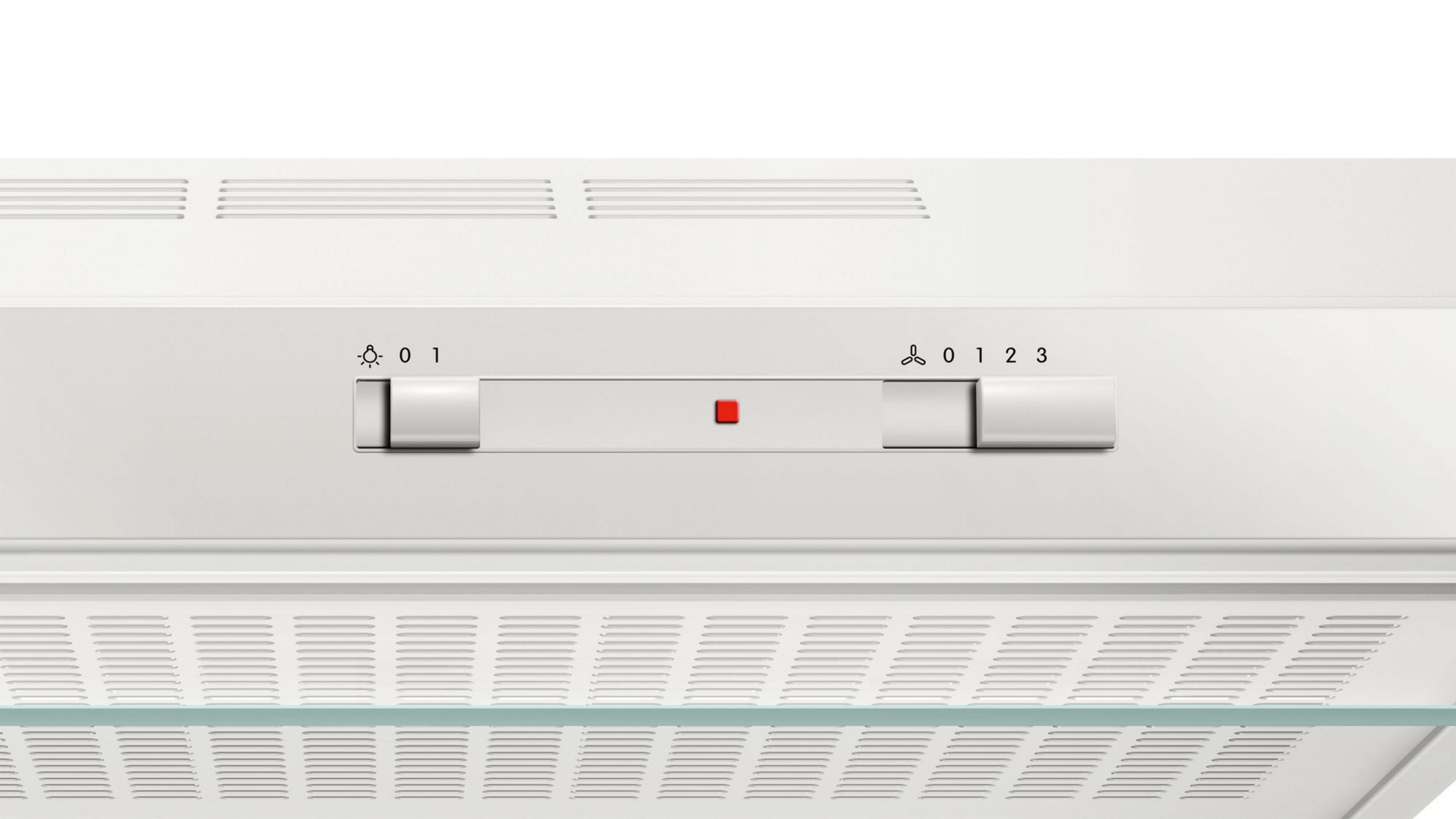 Biały okap z kontrolkami światła i prędkości wentylatora.