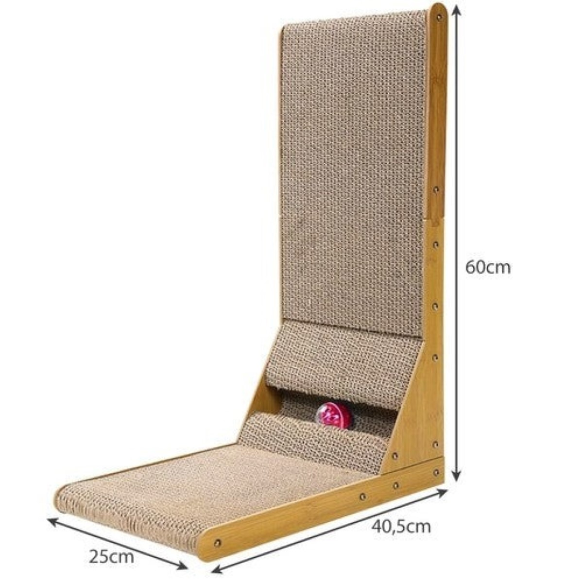 Un rascador para gatos con superficie de sisal y elementos de madera, 60cm alto.