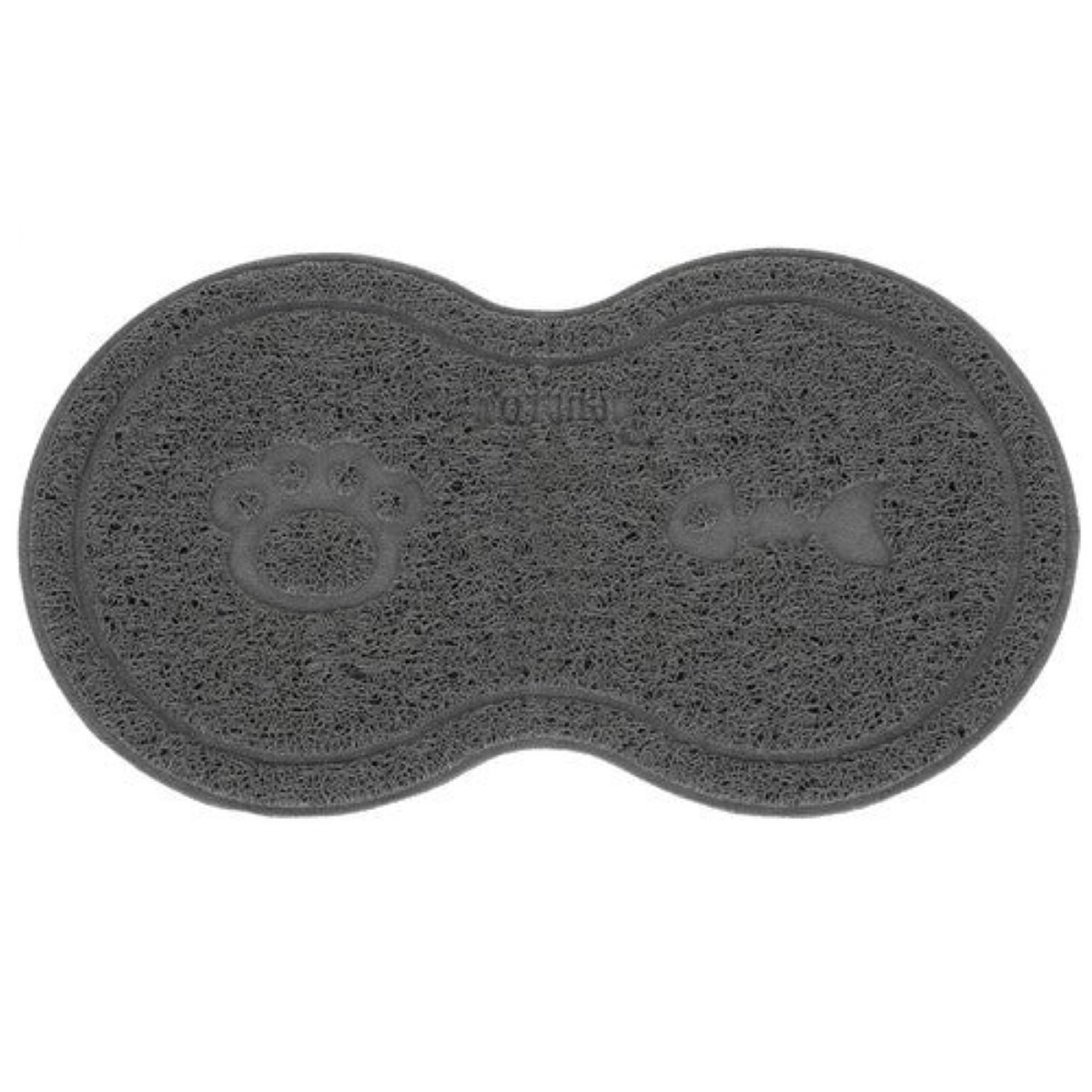 Alfombrilla gris con dos hendiduras, huella de pata y diseño de pez.