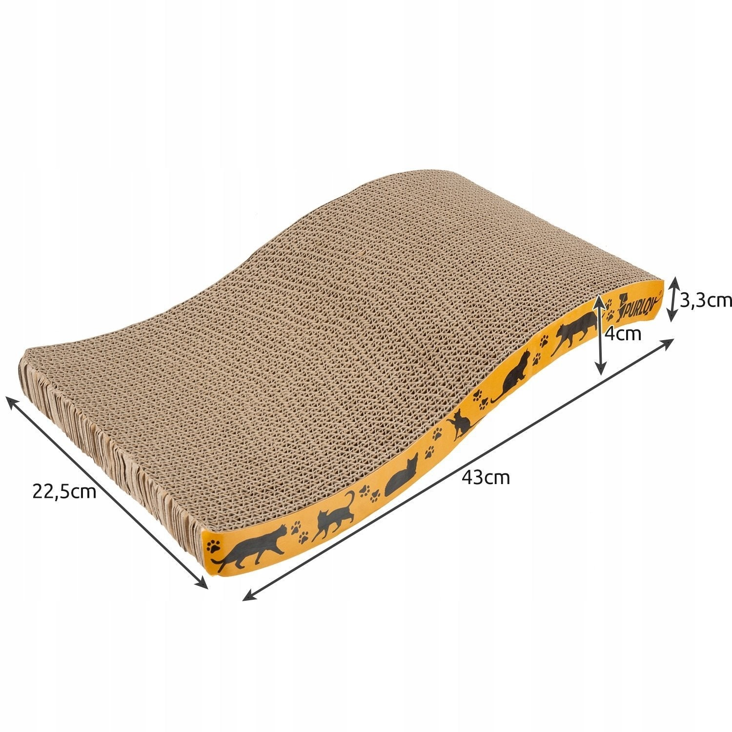 Una tabla curva para rascar de cartón con motivos de gatos y patas.