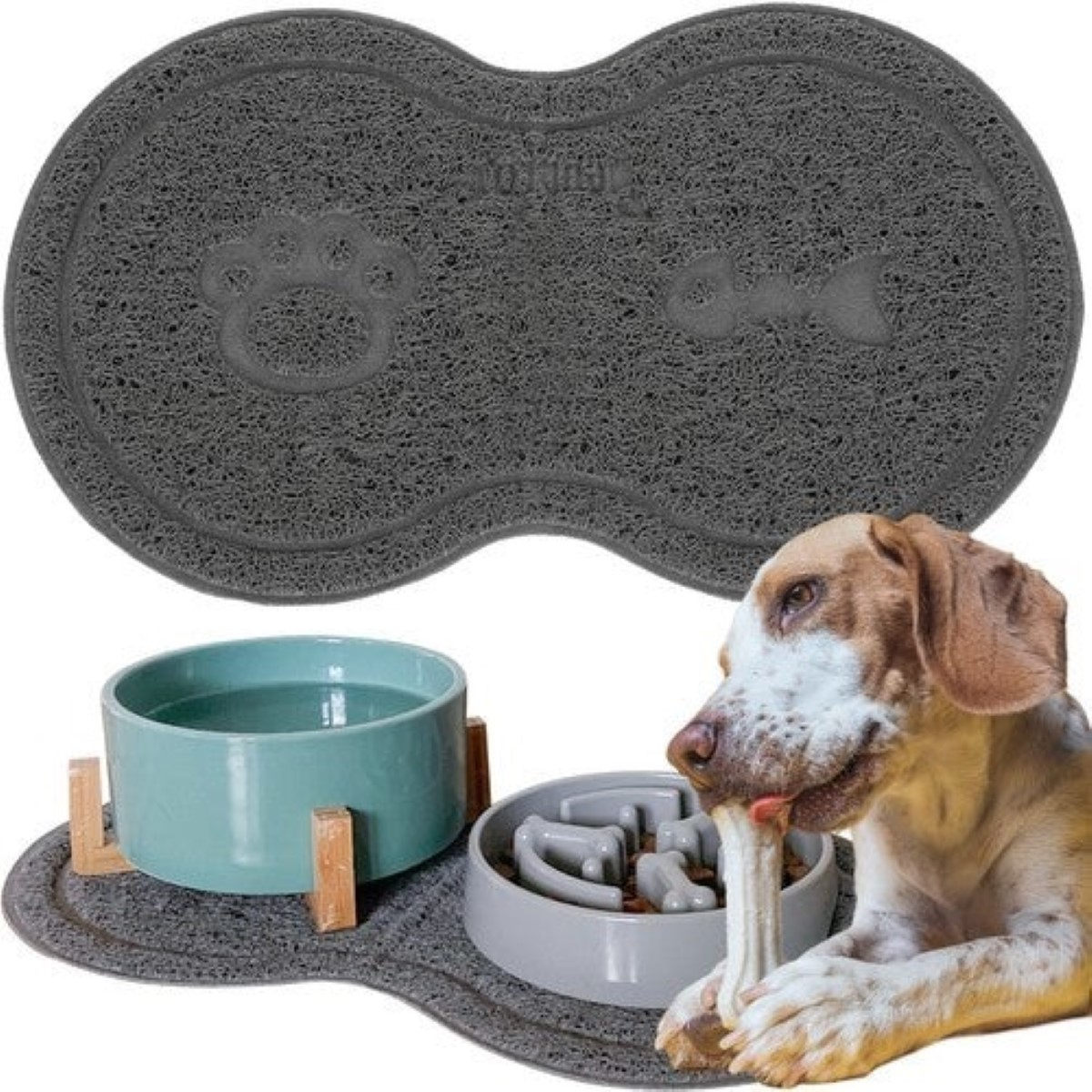 Un perro mastica un premio junto a cuencos de comida en una alfombra gris.