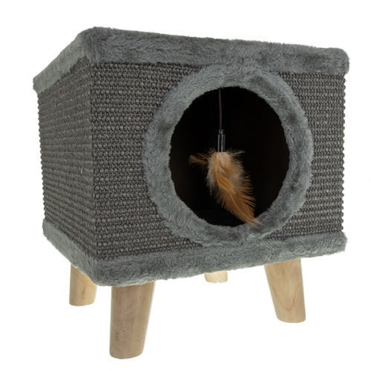 Casa de gato cúbica gris con juguete de plumas y patas de madera.