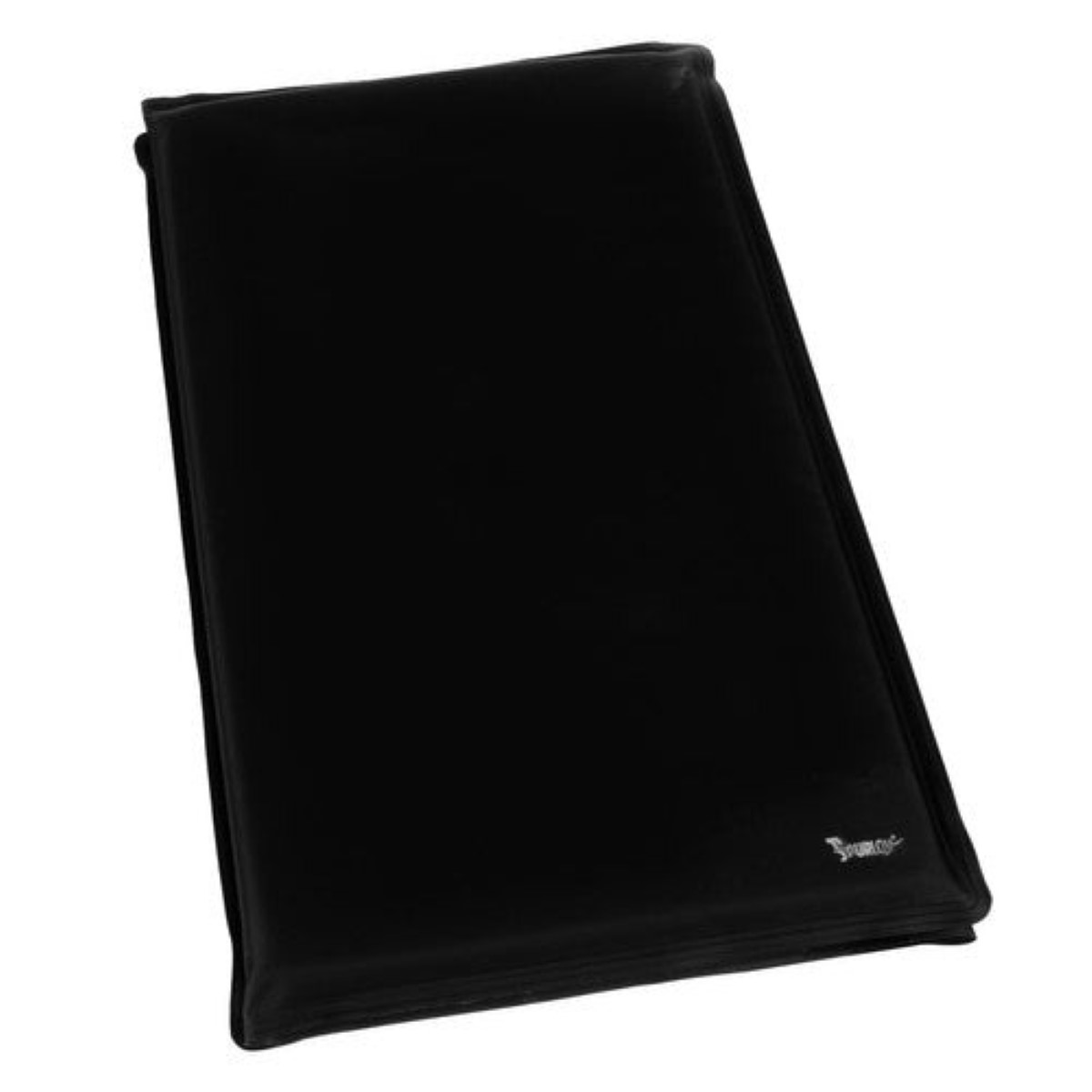 Cojín rectangular negro con esquinas redondeadas y un pequeño logo.