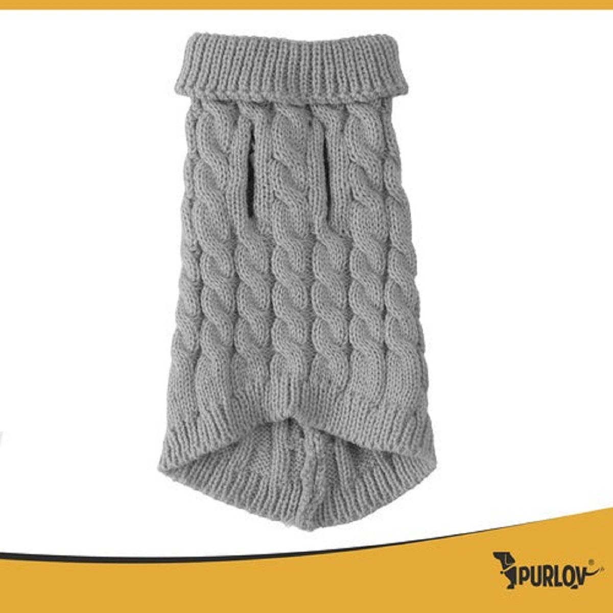 Jersey de punto gris para perro con patrón de trenza y cuello.