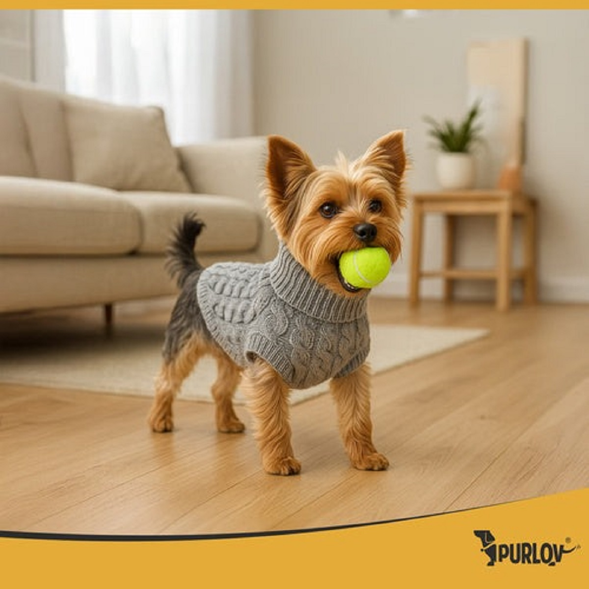 Un Yorkshire Terrier lleva un suéter gris y sostiene una pelota amarilla en la boca.