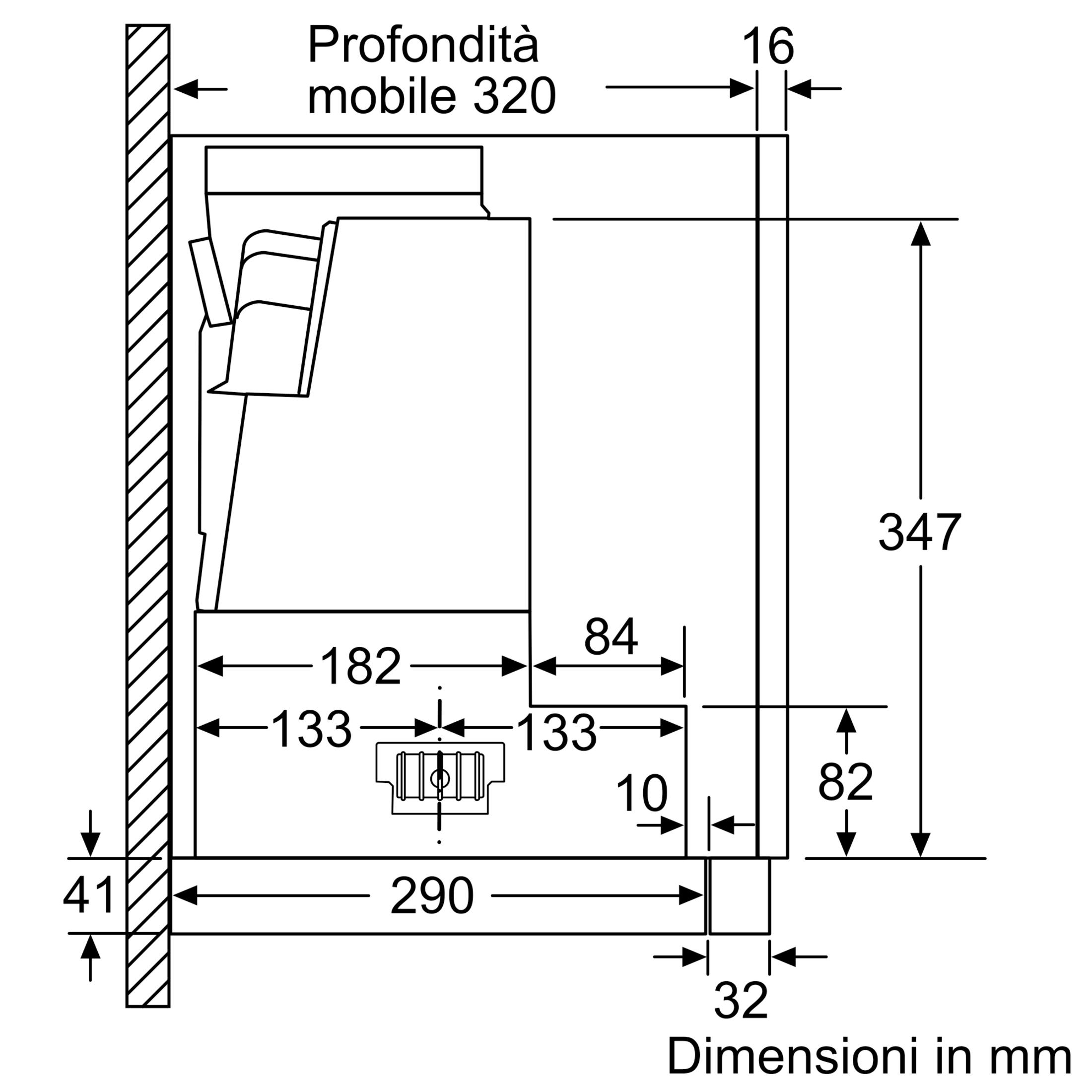 Technische Zeichnung mit Maßen für ein Gerät. Tiefe 320 mm, Höhe 347 mm.