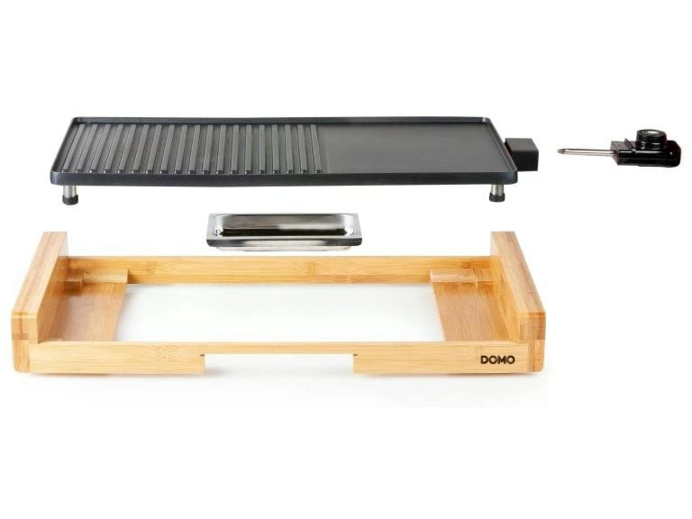 Placa grill eléctrica con marco de bambú, bandeja de goteo y control.