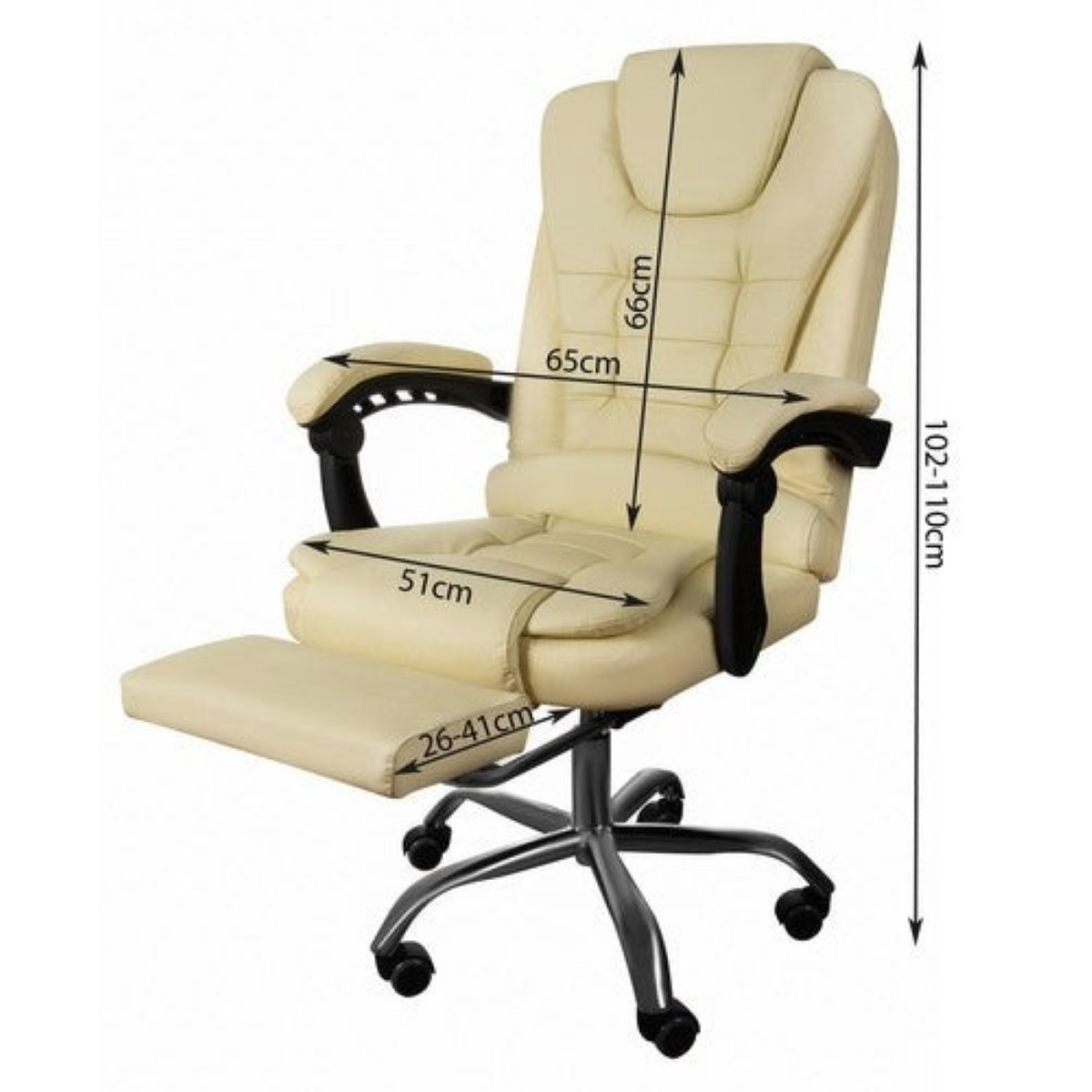 Silla de oficina color crema con reposapiés extraíble y medidas.