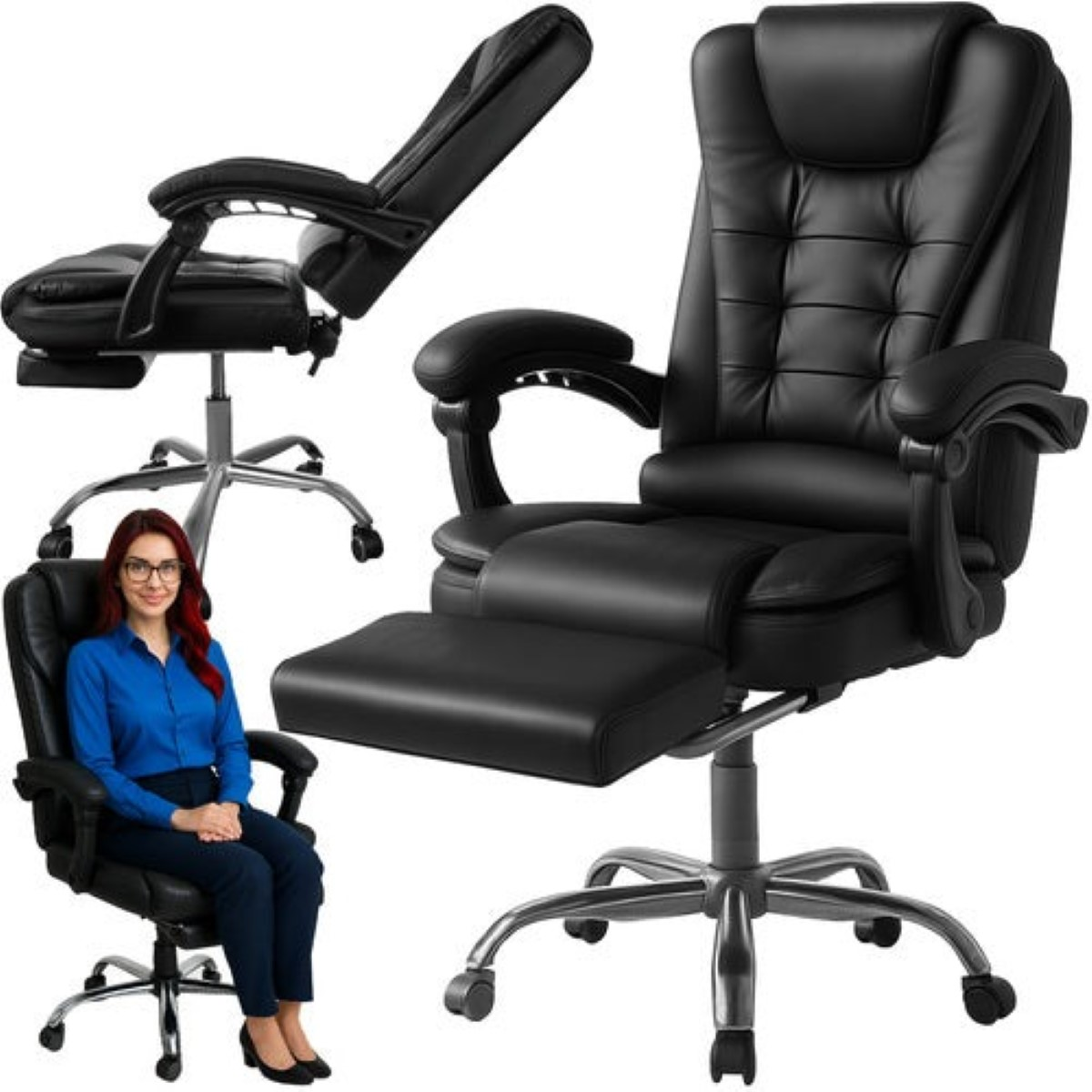 Silla de oficina negra con reposapiés y una mujer sentada.